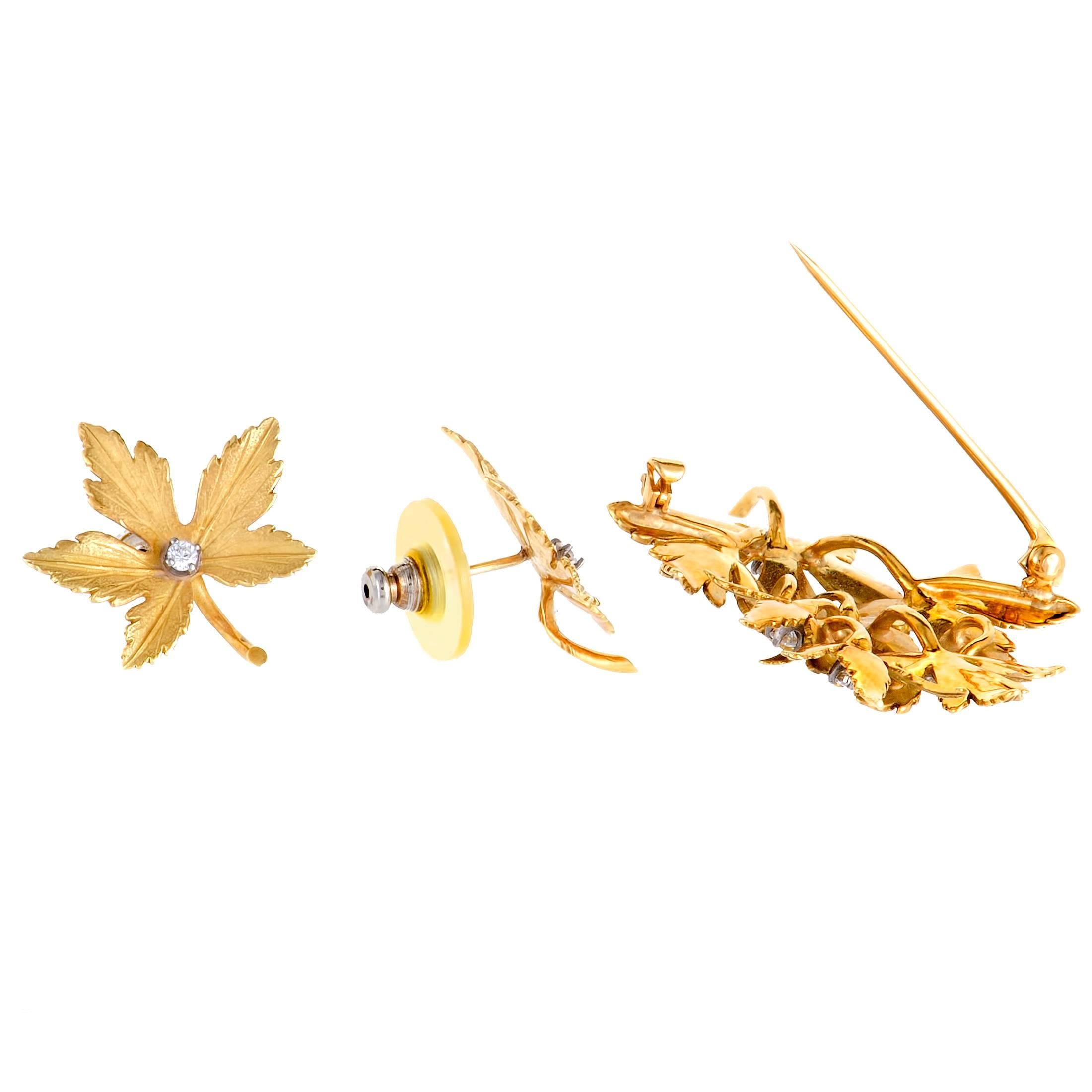 Diamond Yellow Gold Leaf Earrings and Brooch Set 1
