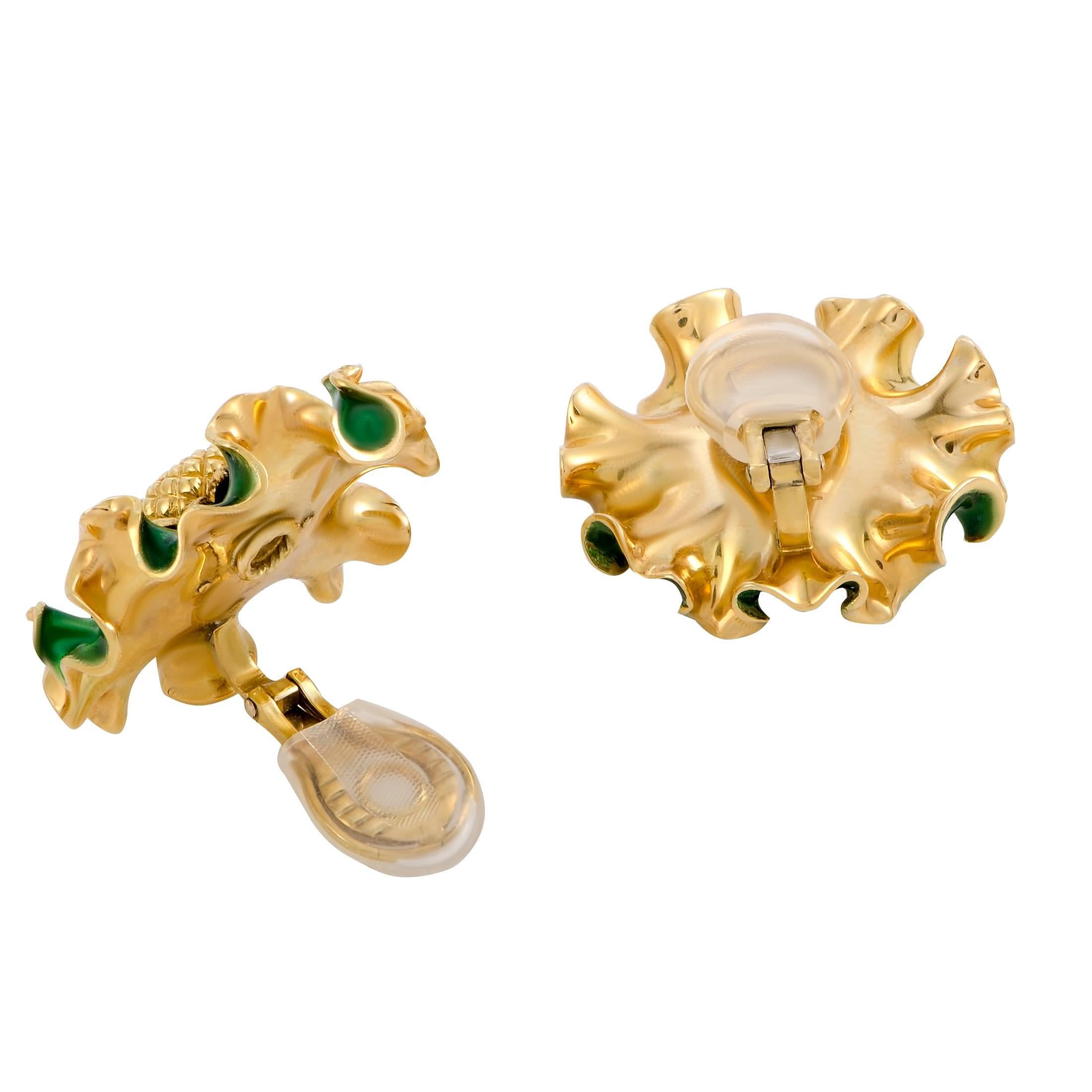 Lee Havens Enameled Yellow Gold Large Flower Clip-On Earrings In Excellent Condition In Southampton, PA