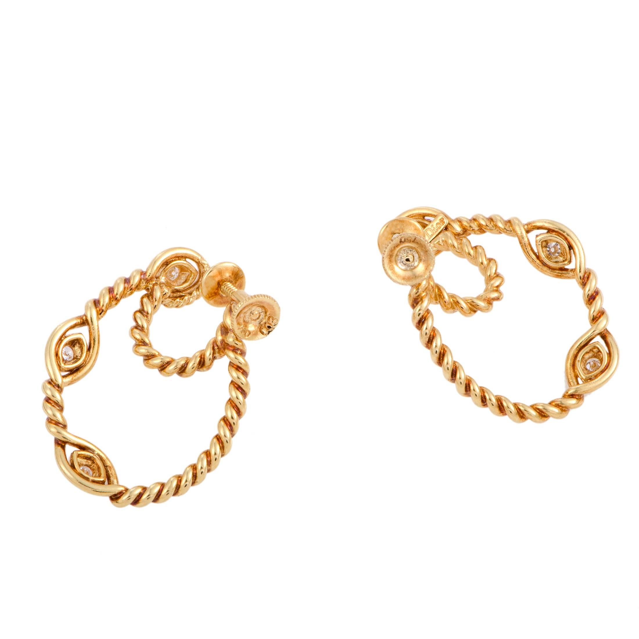 Dior Diamond Yellow Gold Rope Earrings In Excellent Condition In Southampton, PA