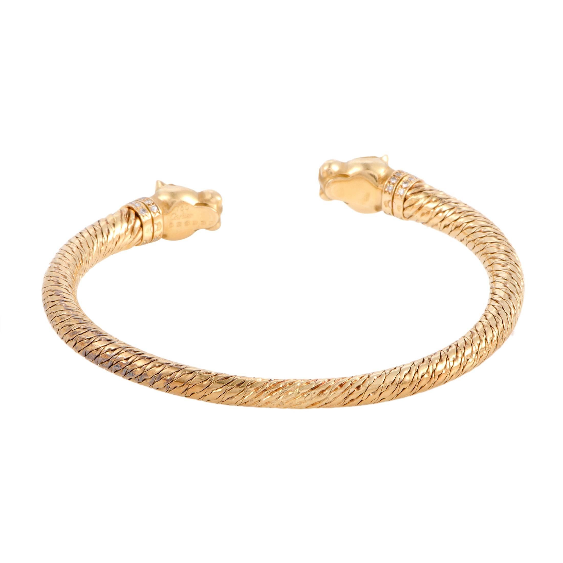Cartier Panthere Diamond and Sapphire Yellow Gold Bangle In Excellent Condition In Southampton, PA