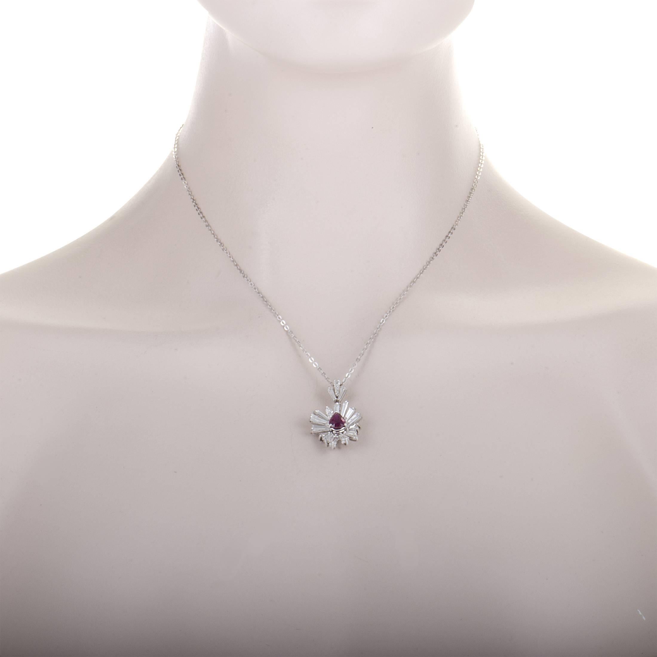 Diamond and Ruby White Gold Flower Pendant Necklace In New Condition In Southampton, PA