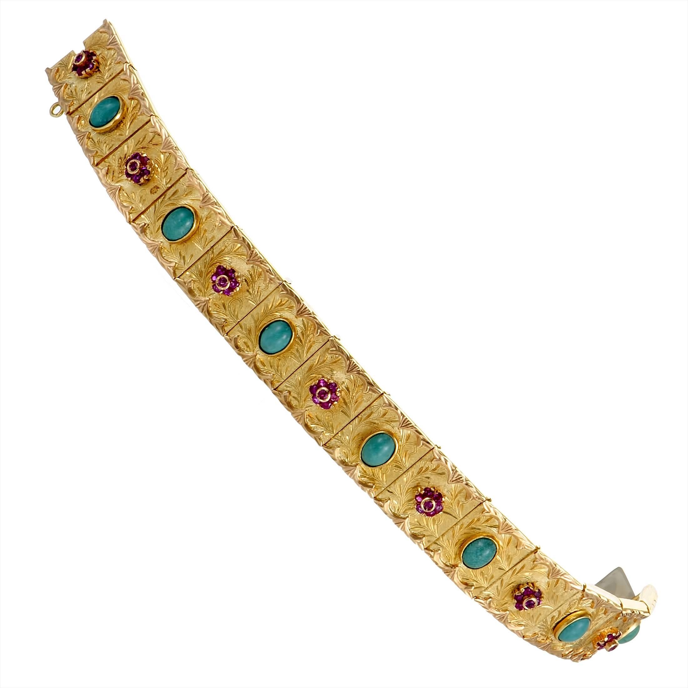 Ruby and Turquoise Yellow Gold Bracelet In Excellent Condition In Southampton, PA