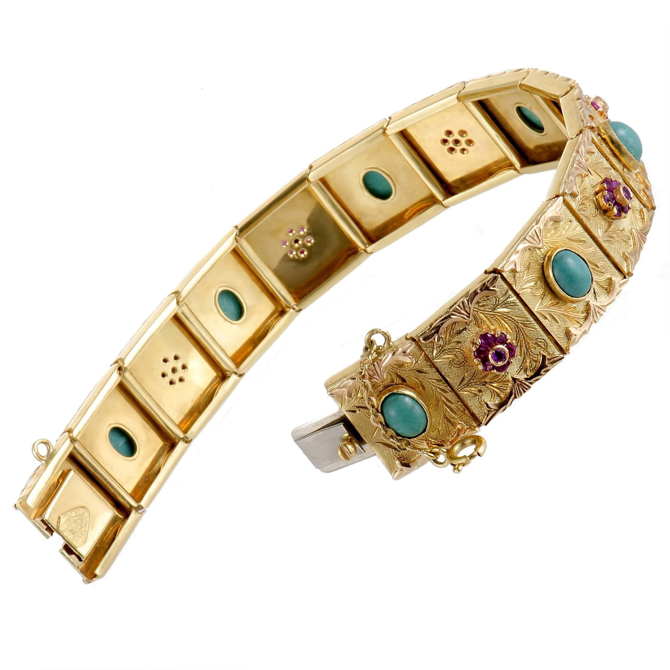 Women's Ruby and Turquoise Yellow Gold Bracelet