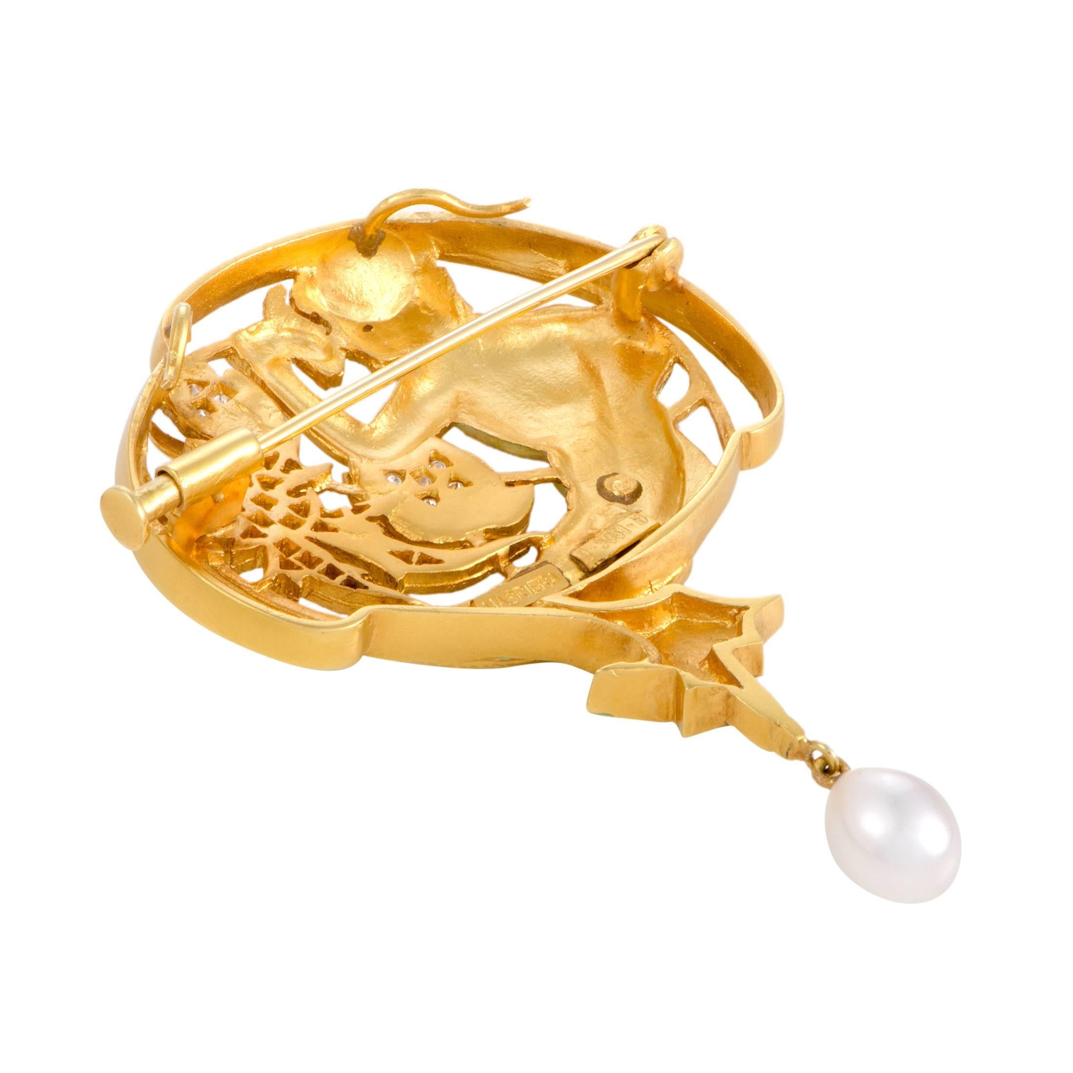Presented by Masriera, this stunning brooch features a wonderfully offbeat design, offering an exceptionally graceful, feminine appearance. The brooch is made of 18K yellow gold and decorated with a sublime combination of enamel and diamonds,