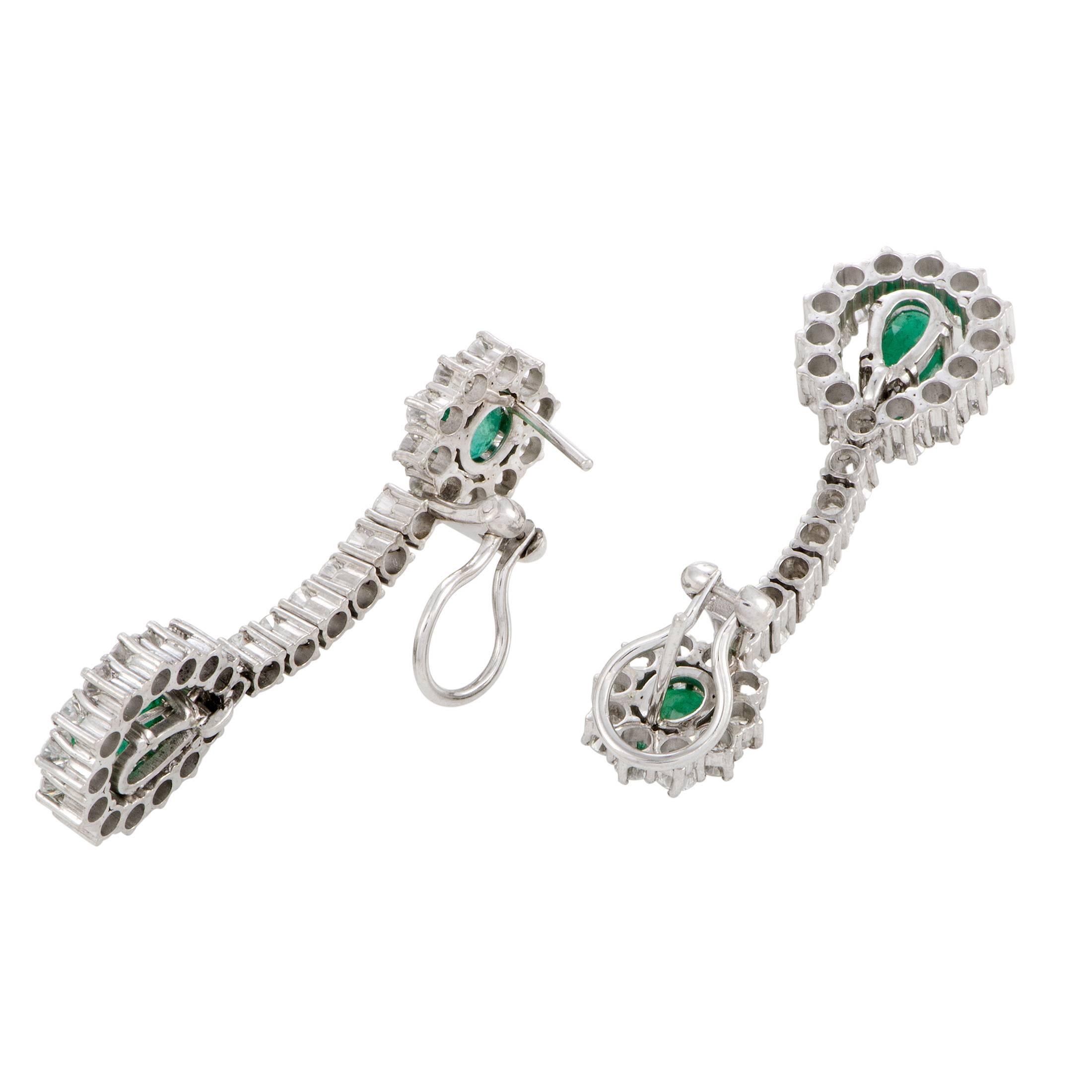 Full Diamond Pave and Emerald White Gold Long Drop Earrings In Excellent Condition In Southampton, PA