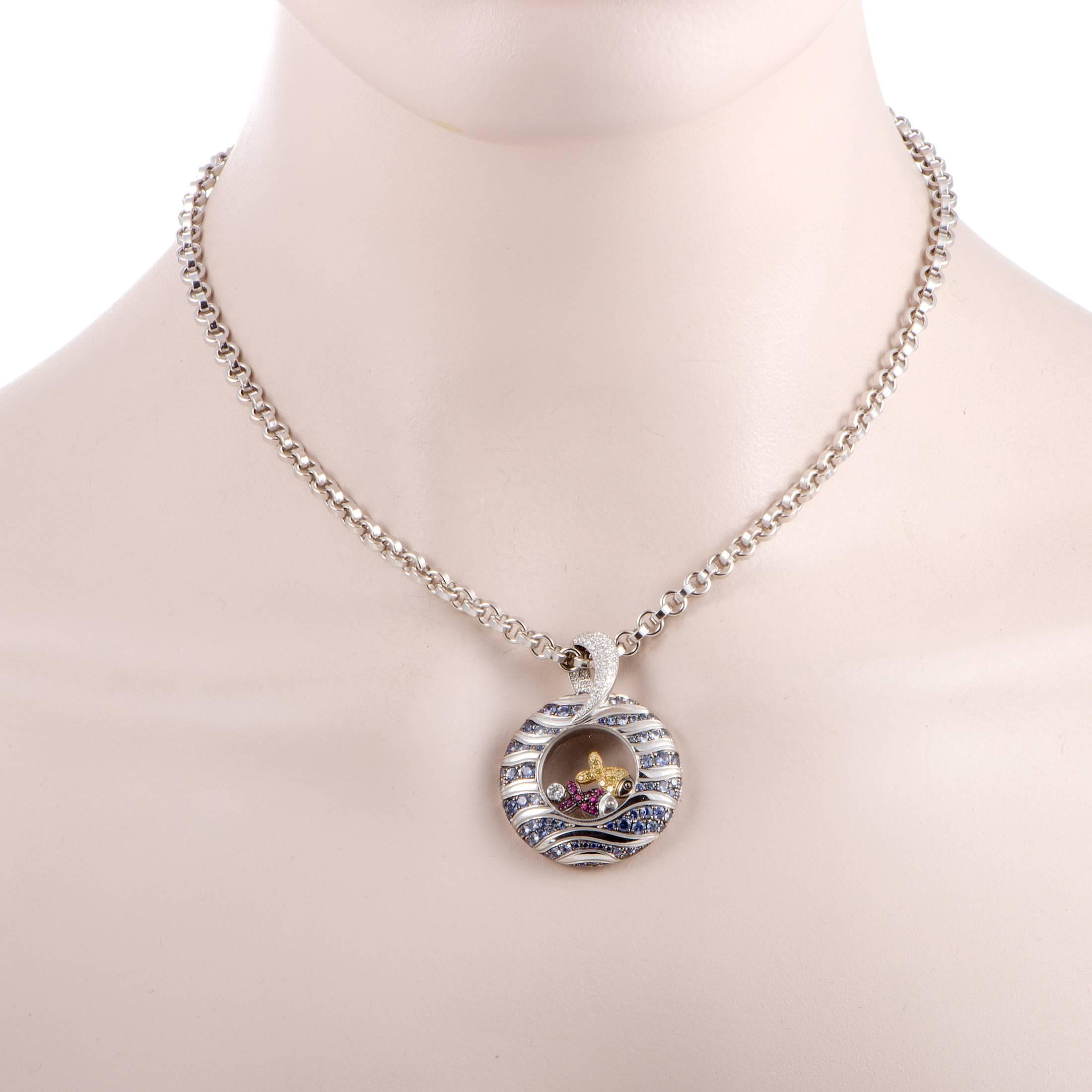 Managing to create an exceptionally tasteful composition comprised of numerous diversely colored precious materials, Chopard introduced this gorgeous 18K white and yellow gold necklace which combines charming diamonds with pink, blue and yellow