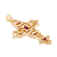 Full Diamond Pave and Pink Sapphire Yellow Gold Cross Pendant