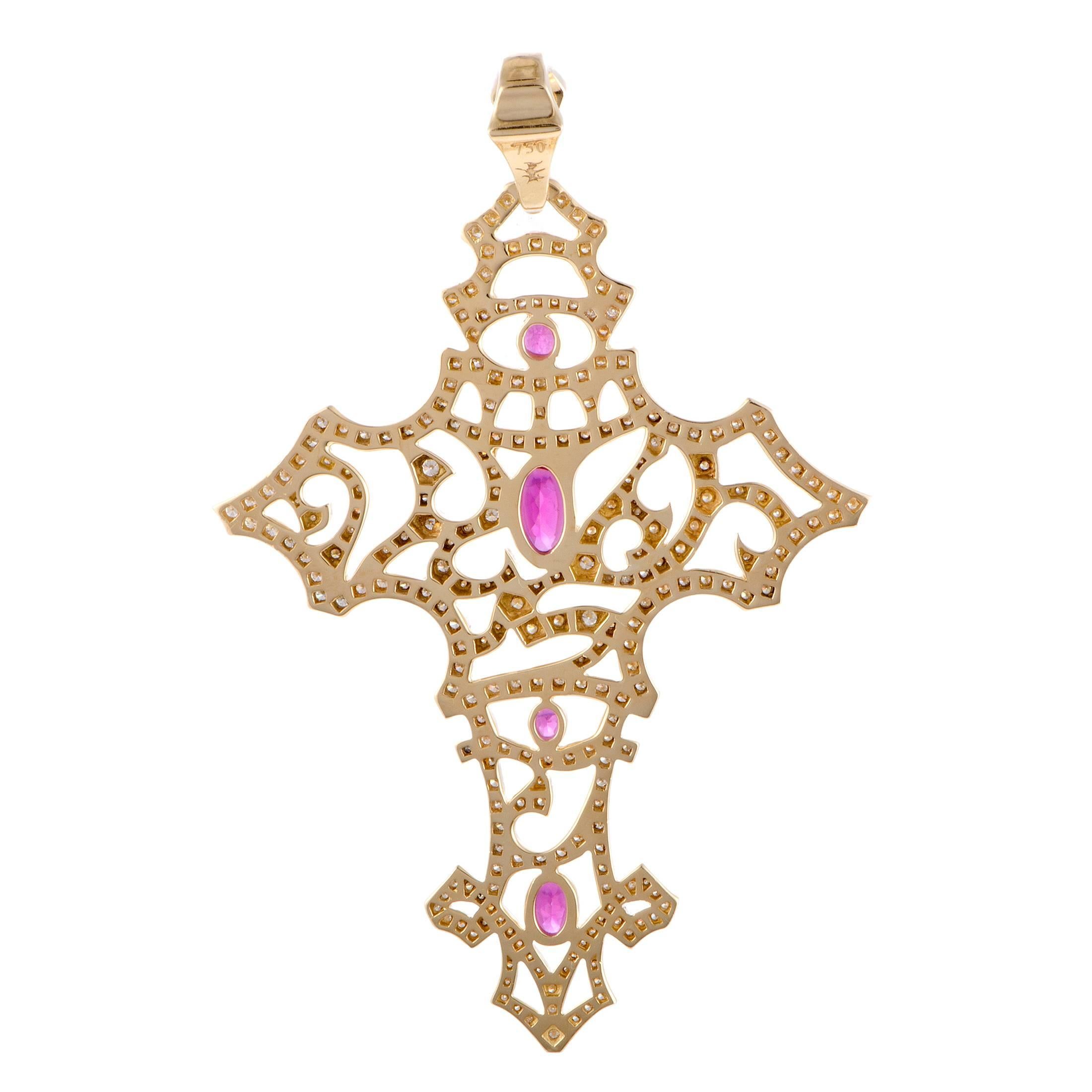 Full Diamond Pave and Pink Sapphire Yellow Gold Cross Pendant In Excellent Condition In Southampton, PA