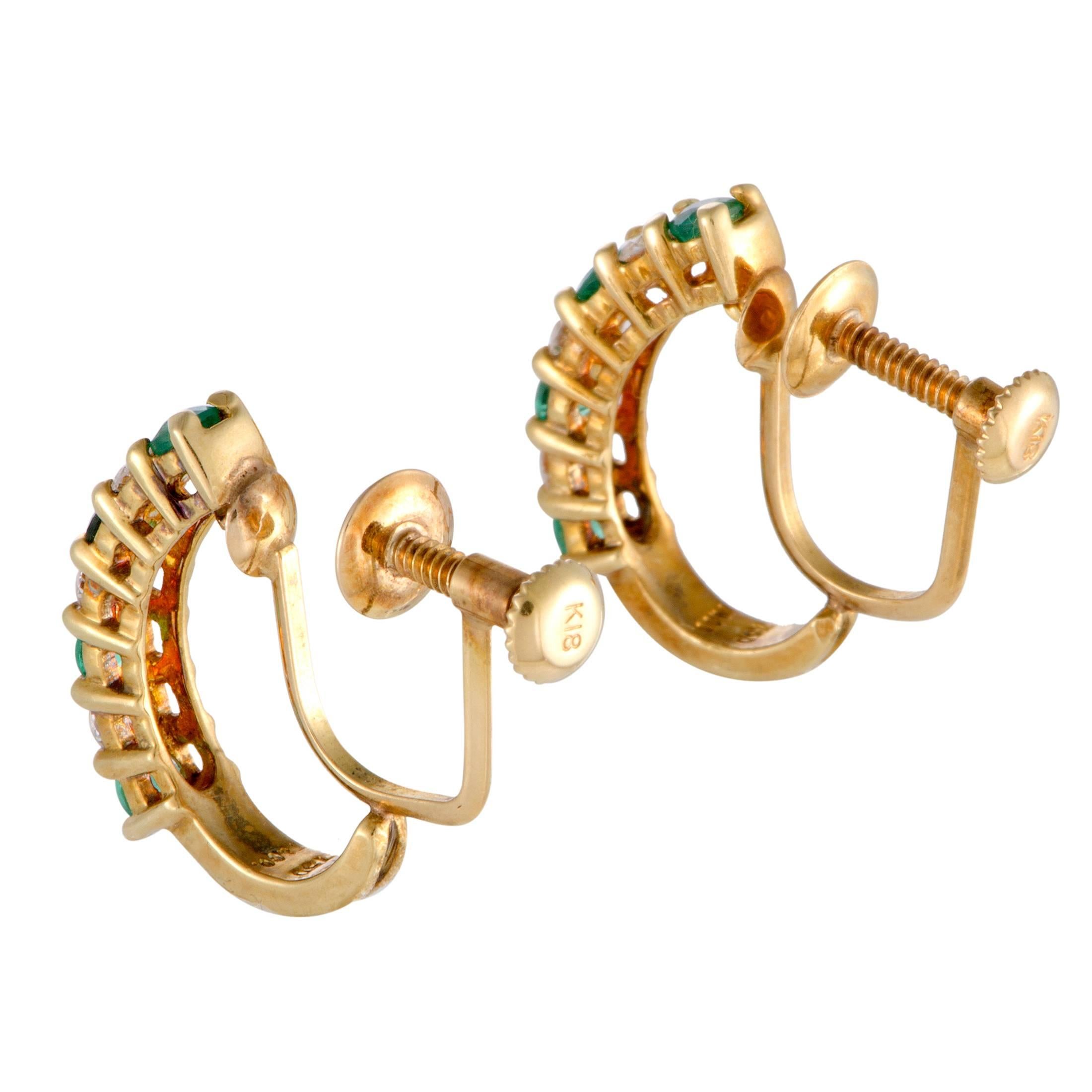 Tiffany & Co. Diamond and Emerald Yellow Gold Huggie Screw Back Earrings In Excellent Condition In Southampton, PA