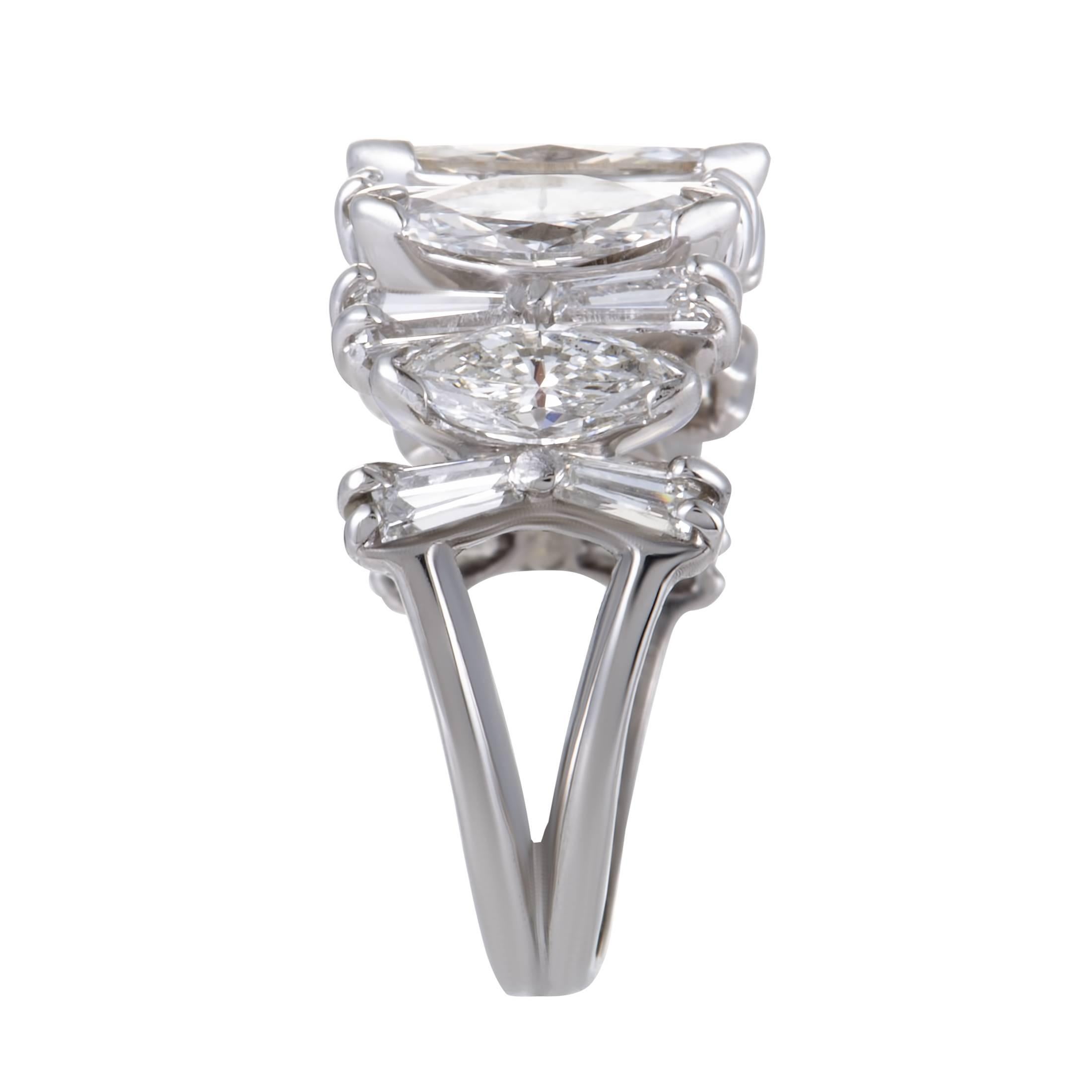 Marquise and Tapered Baguette Diamond Platinum Band Ring In Excellent Condition In Southampton, PA