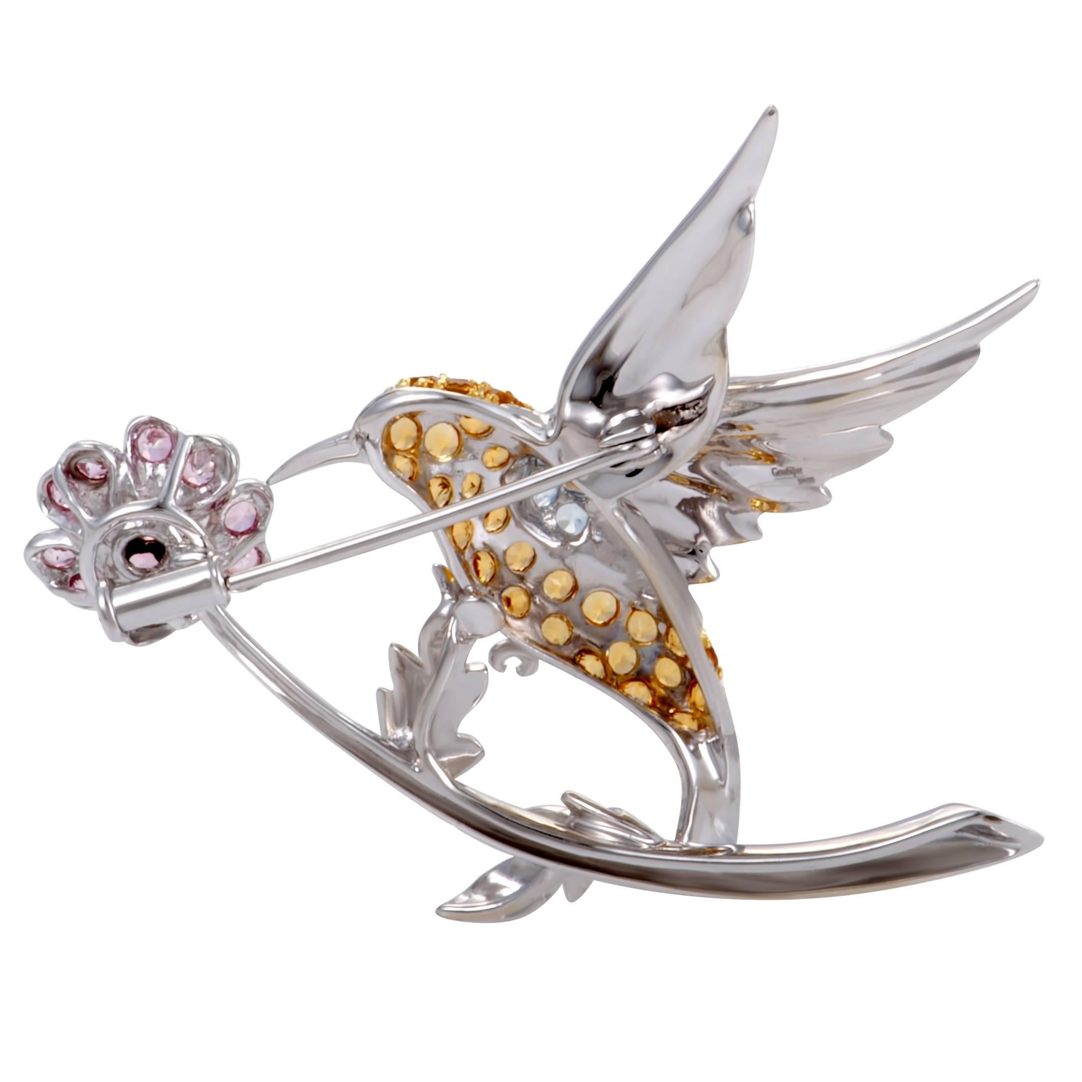 Citrine Topaz and Pink Tourmaline White Gold Bird Brooch In New Condition In Southampton, PA