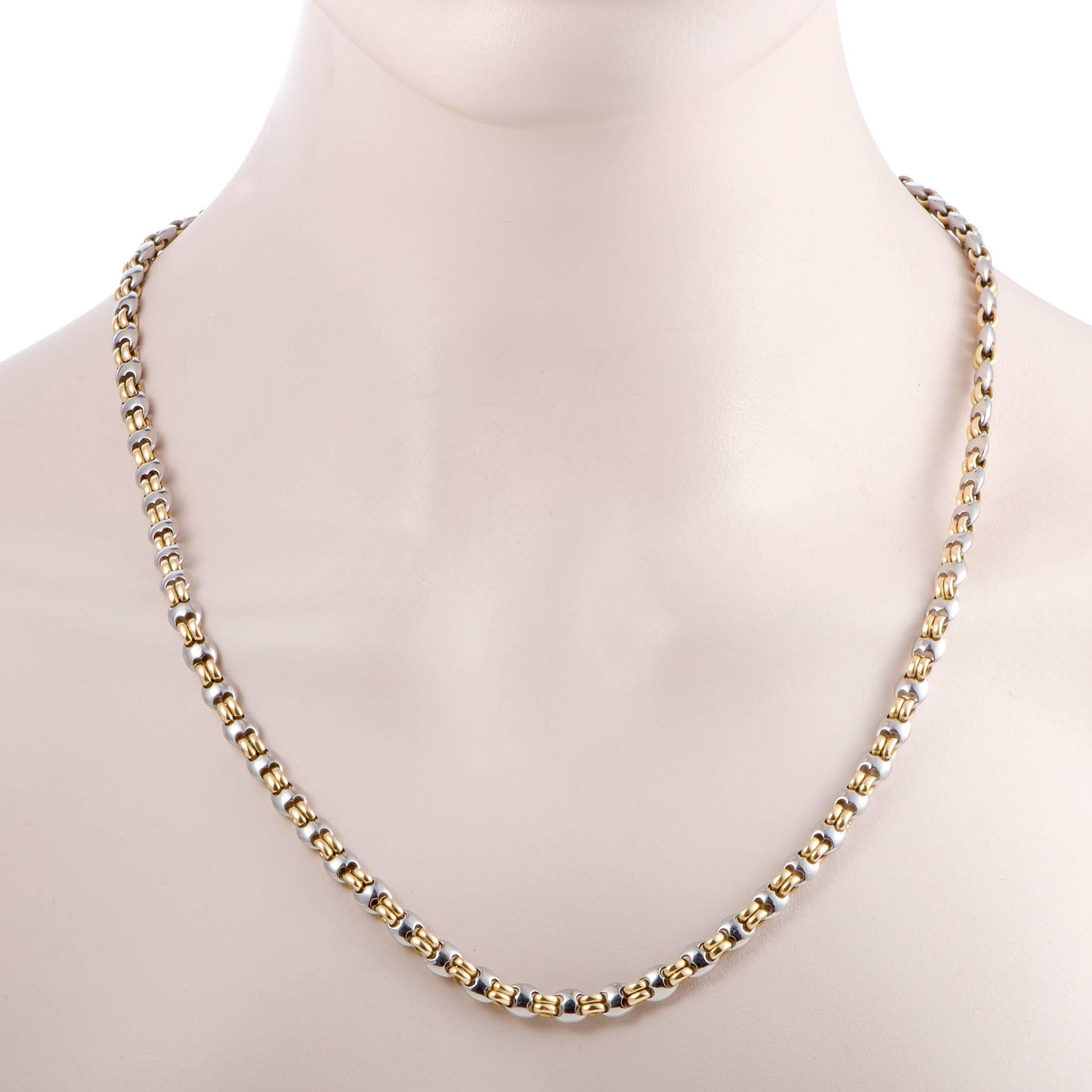 Featuring the renowned Bulgari design, this stunning men’s necklace boasts an incredibly offbeat, masculine appeal. Made of 18K yellow and white gold, the necklace has a length of 22 inches and weighs 62 grams.
Included Items: Manufacturer's Pouch