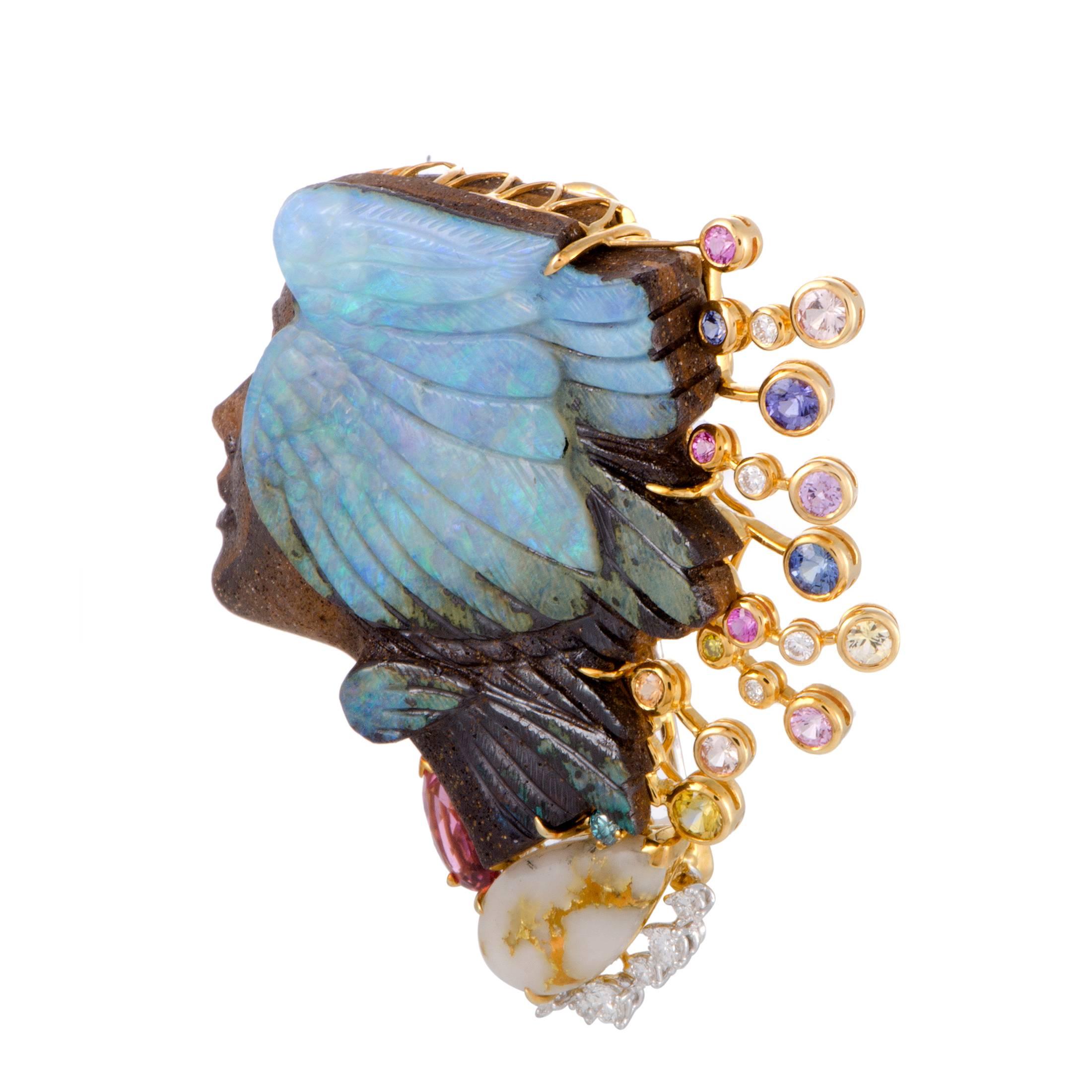 Women's Diamond and Multiple Gem Stones Woman's Head Gold and Platinum Pendant/Brooch