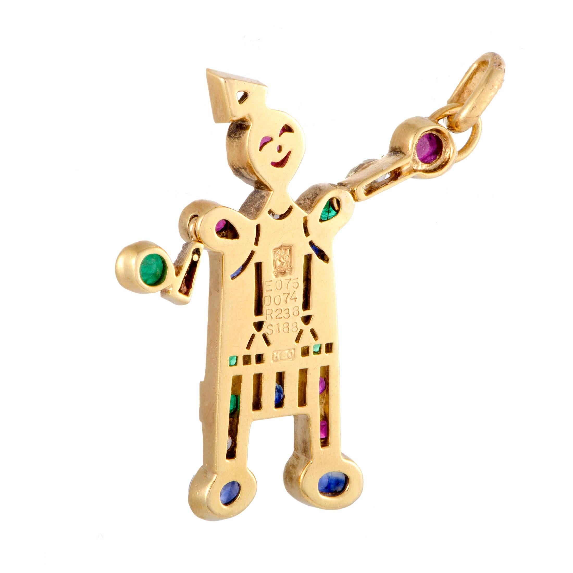 Endearingly vibrant, this gorgeous pendant is made of radiant 20K yellow gold and depicts a playful clown. The pendant is set with a plethora of colorful gems – 2.38 carats of rubies, 0.75 carats of emeralds, 1.88 carats of sapphires and 0.74 carats