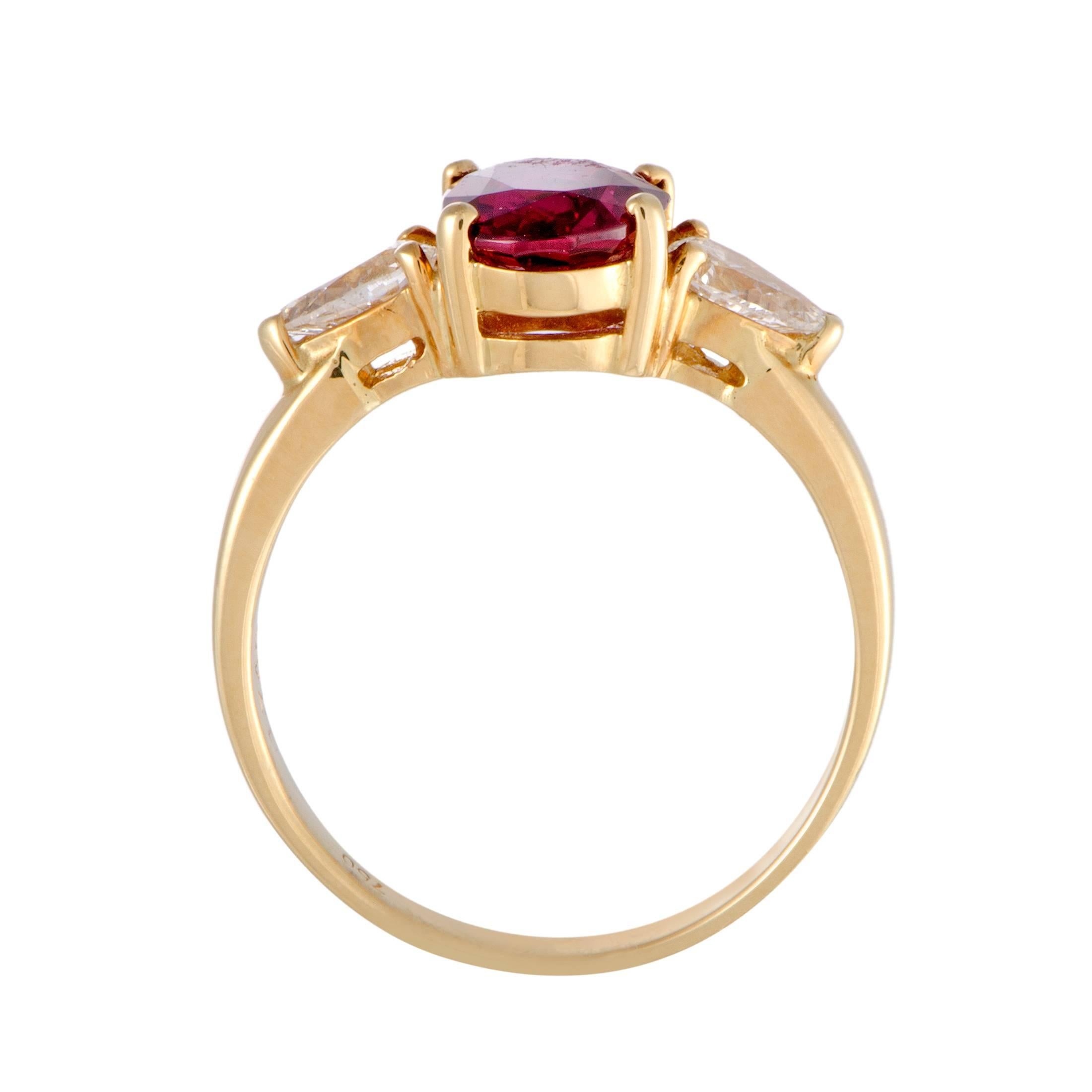 This ring is made of elegant 18K yellow gold and boasts an exquisitely classy appeal thanks to the understated design and décor. The ring is set with a sublime 1.74ct ruby, accompanied on each side by diamonds that weigh in total 0.57 carats.
Ring