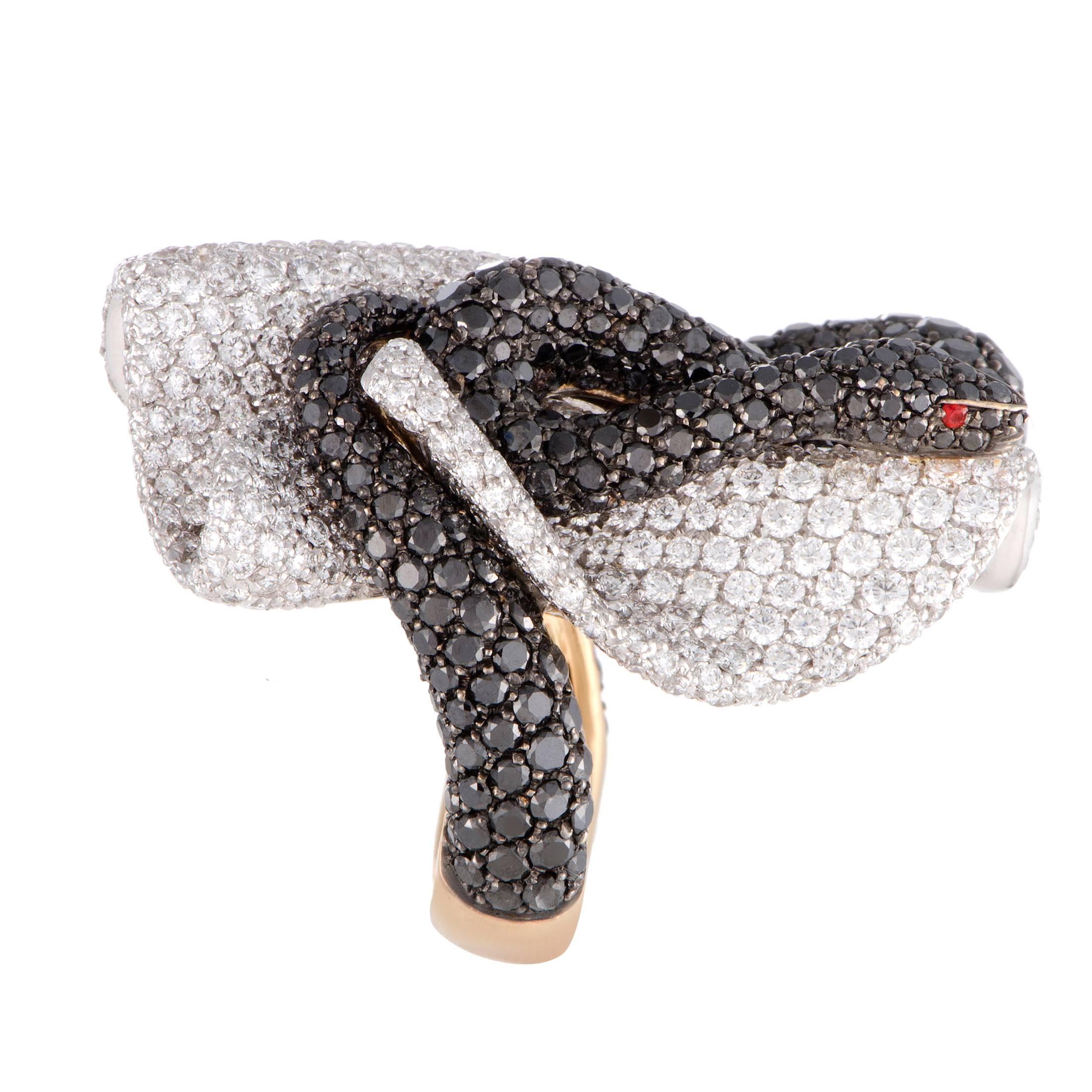 Round Cut Palmiero White and Black Diamond Pave Snake Gold Cocktail Ring