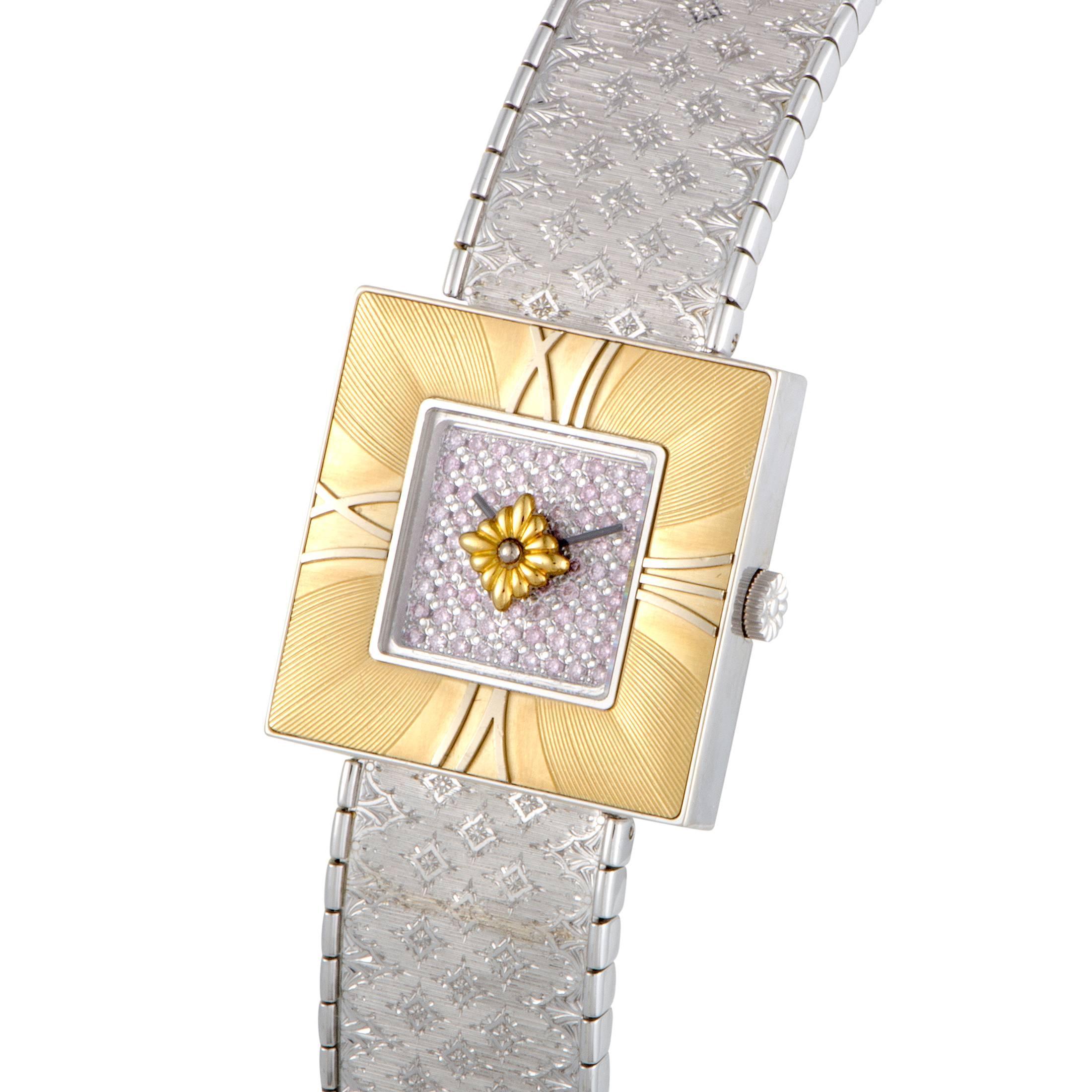 A delightful expression of feminine elegance and charming décor, this magnificent timepiece from Buccellati presents its minimalistic indications in a highly legible and wonderfully subtle manner while exuding resplendent luxury with its lavish