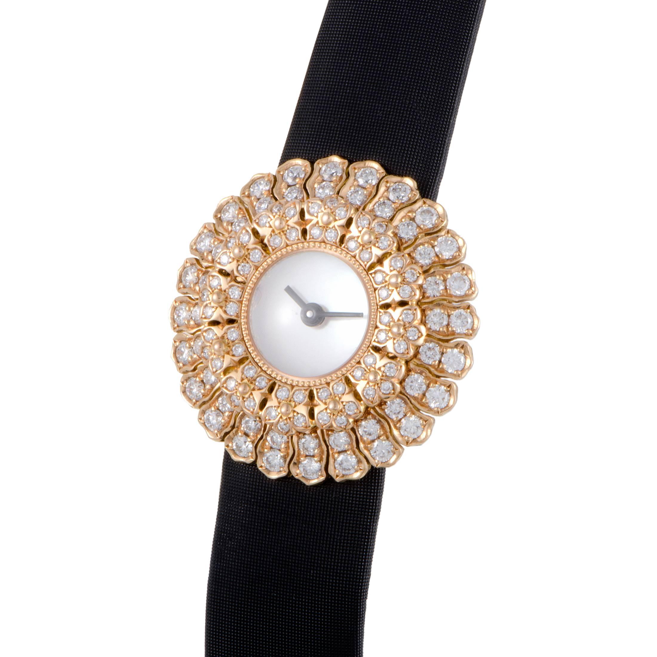 Producing a mesmerizing effect and allowing exceptional emphasis of the splendidly clear dial, the dazzling arrangement of diamonds upon the gloriously designed case offers an irresistible sense of feminine prestige in this exuberant timepiece from
