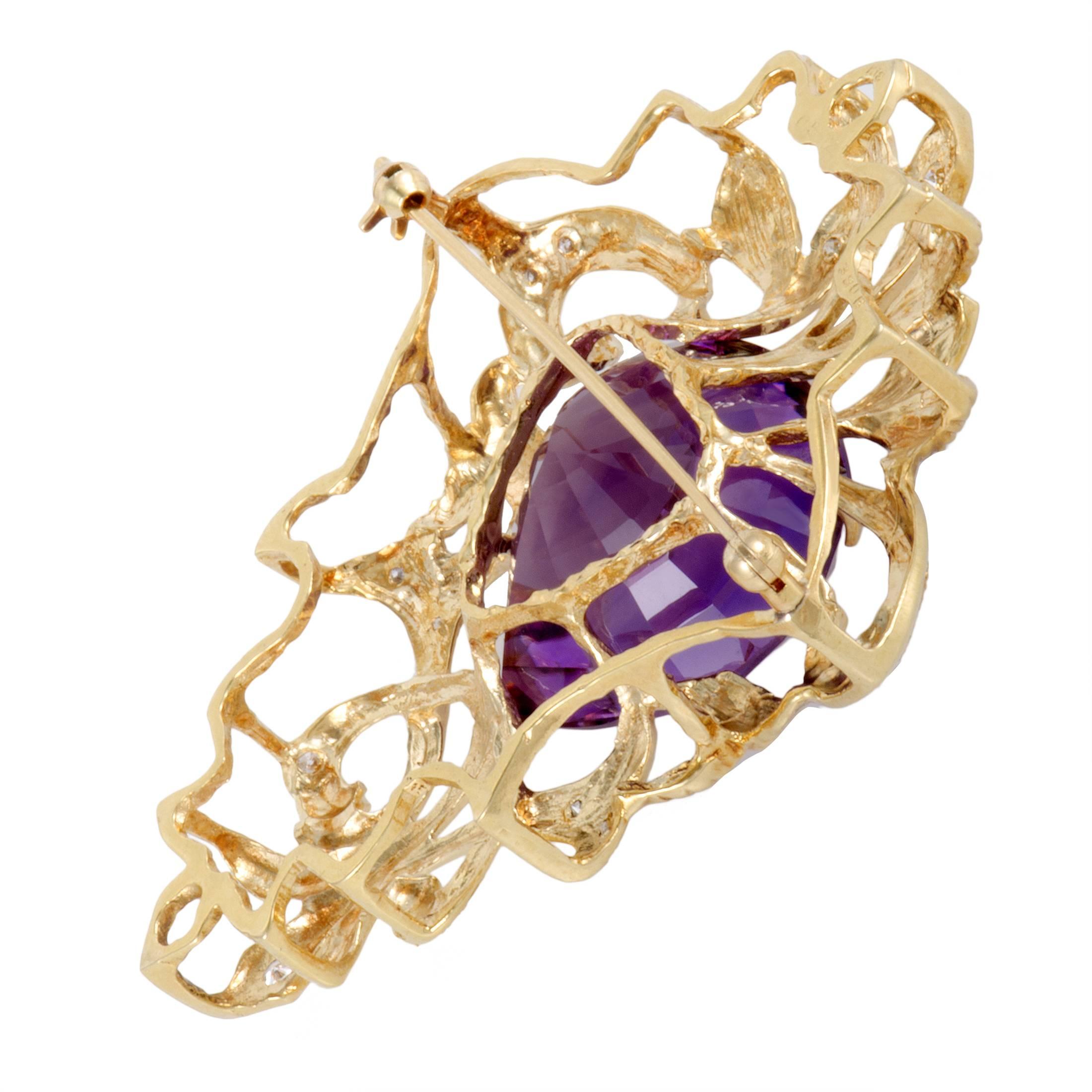 Diamond and Amethyst Yellow Gold Pendant/Brooch In Excellent Condition In Southampton, PA