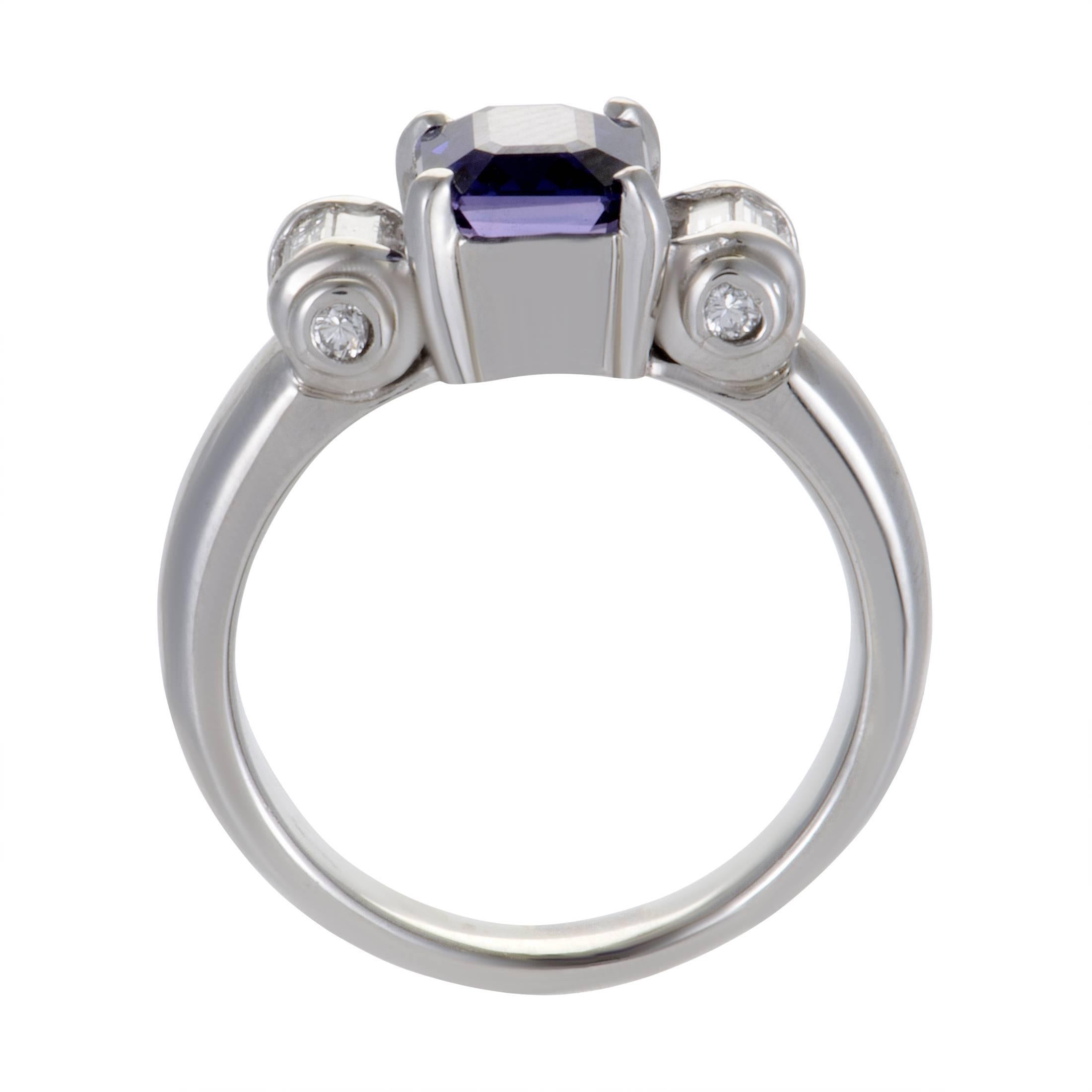 Classic, elegant design is given a sublime regal touch in this gorgeous ring made of prestigious platinum. The ring is set with 0.47 carats of diamonds and a superb purple sapphire that weighs 2.58 carats.
Ring Size: 6.25
Ring Top Dimensions: 13mm x