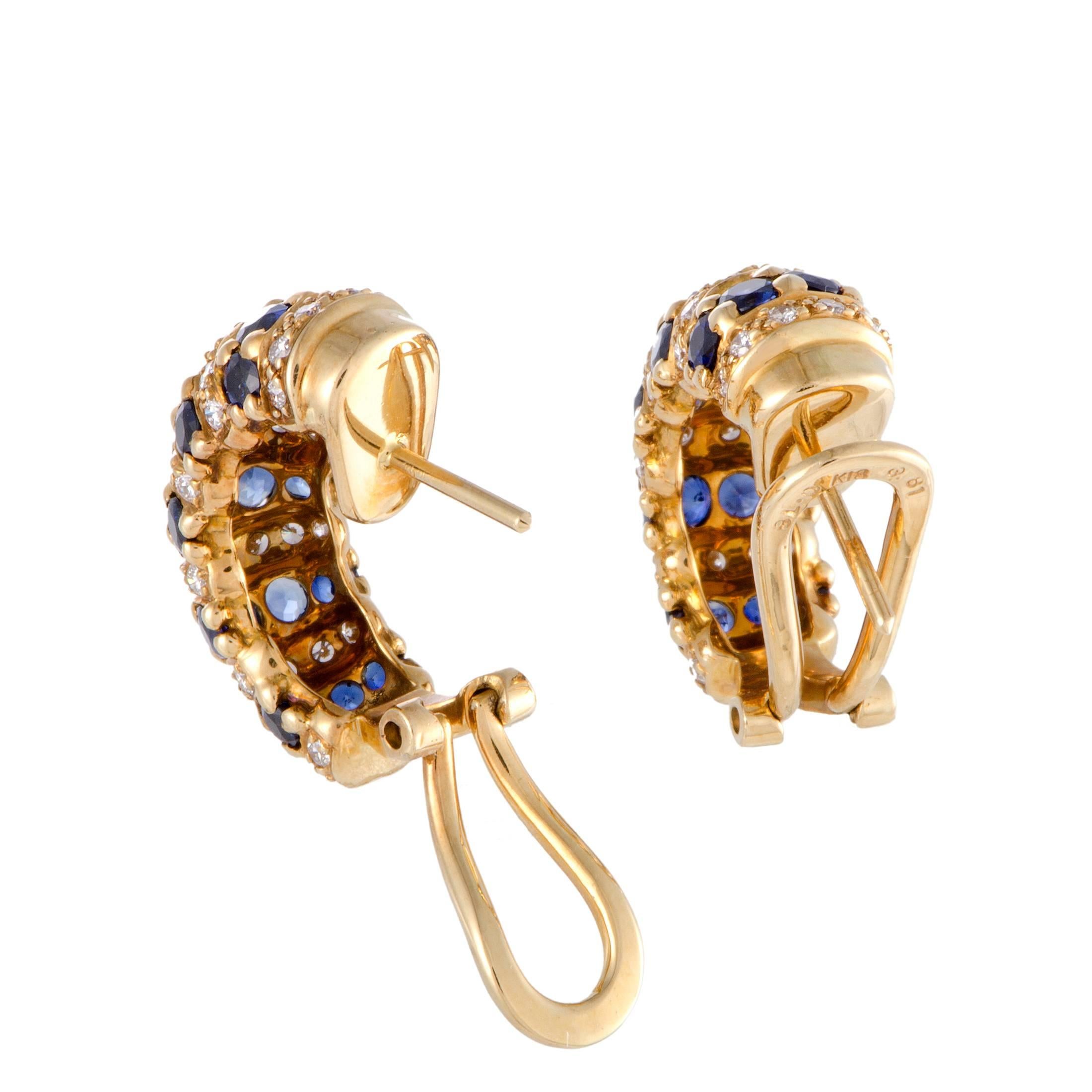 Diamond and Sapphire Yellow Gold Huggie Earrings In Excellent Condition In Southampton, PA