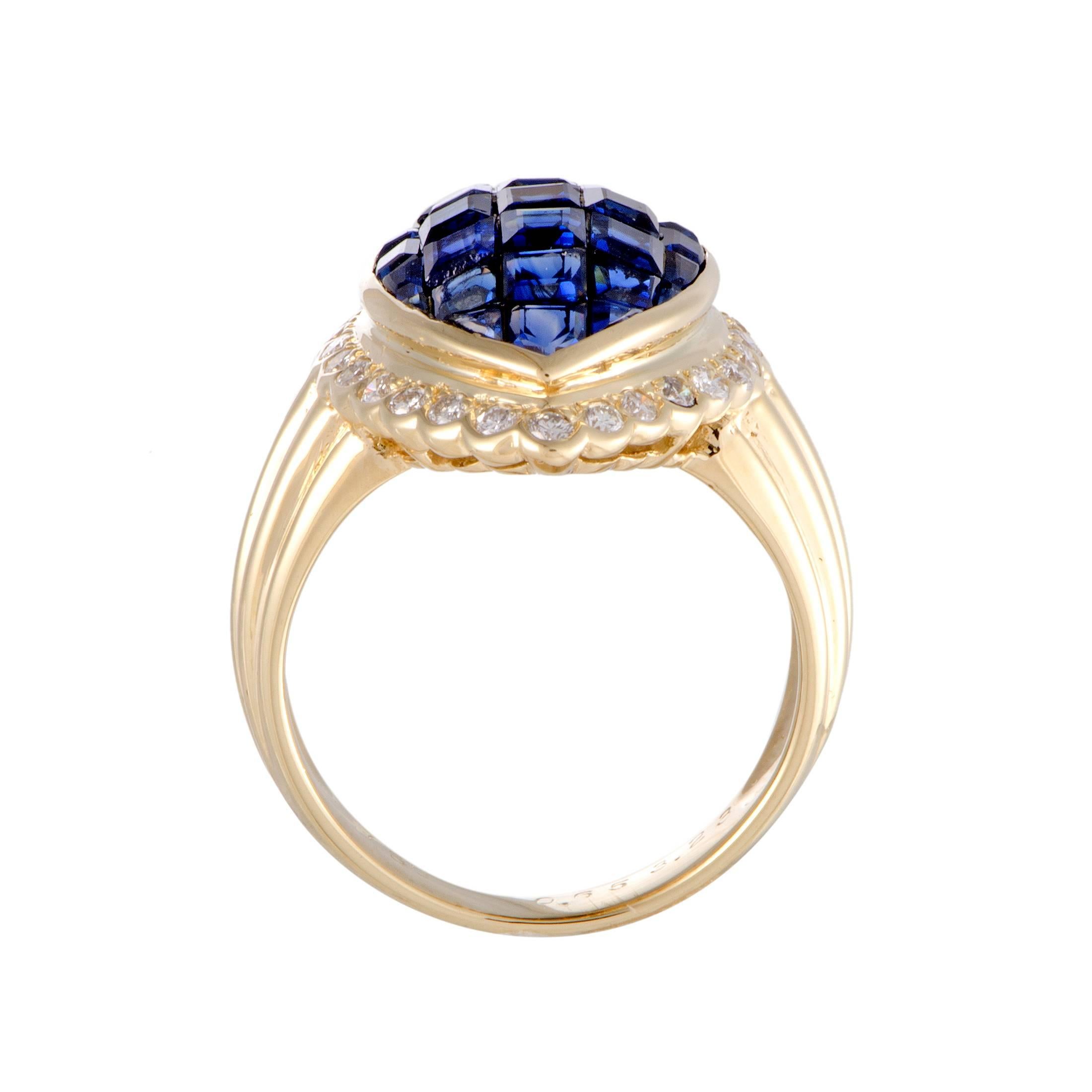 Made of luxurious 18K yellow gold and set with resplendent diamonds and regal sapphires, this ring exudes prestige and refinement. The sapphires total 3.23 carats and the diamonds 0.65 carats.
Ring Size: 6.25
Ring Top Dimensions: 24mm x 15mm
Band