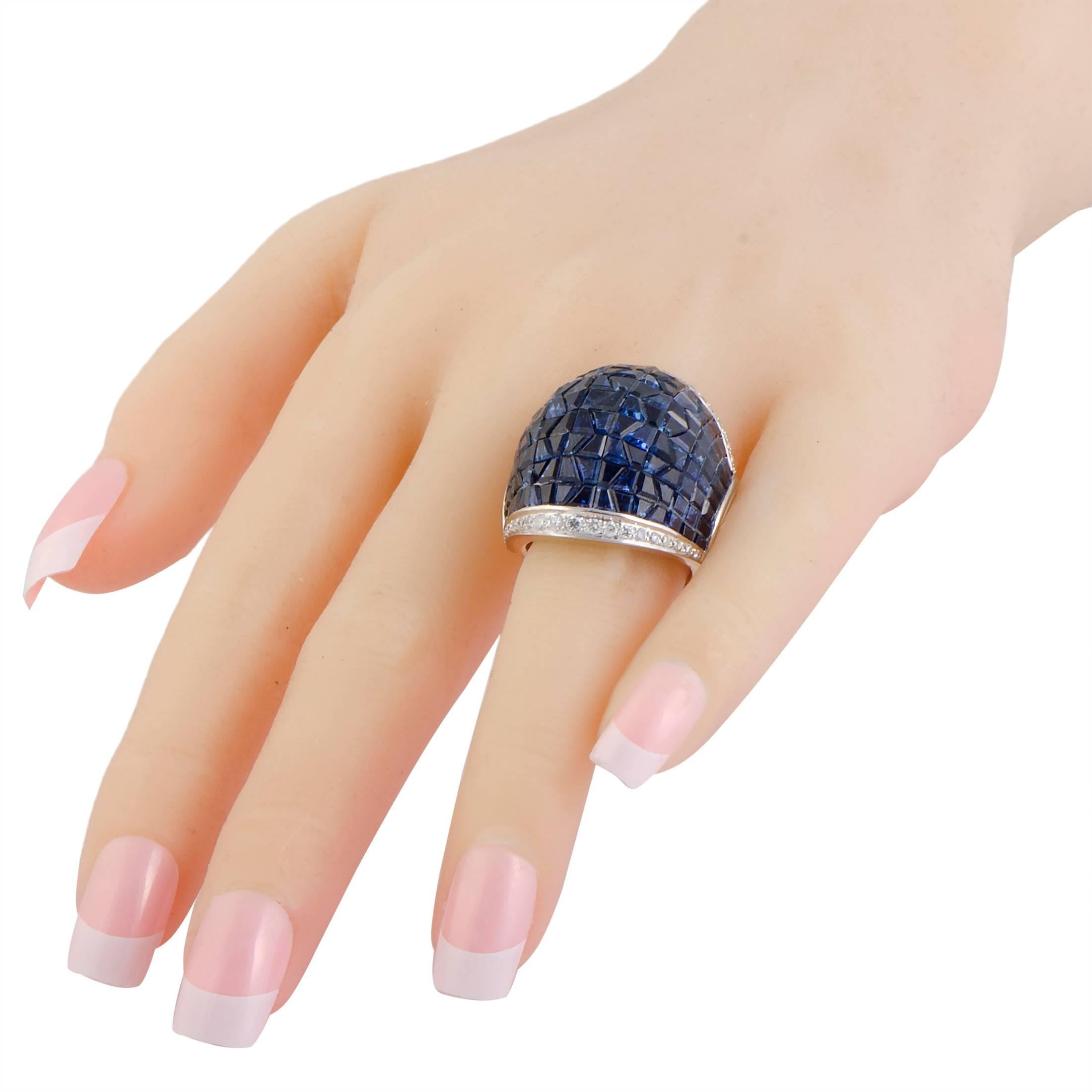 Women's Diamond and Invisible Set Sapphire Yellow and White Gold Cocktail Ring