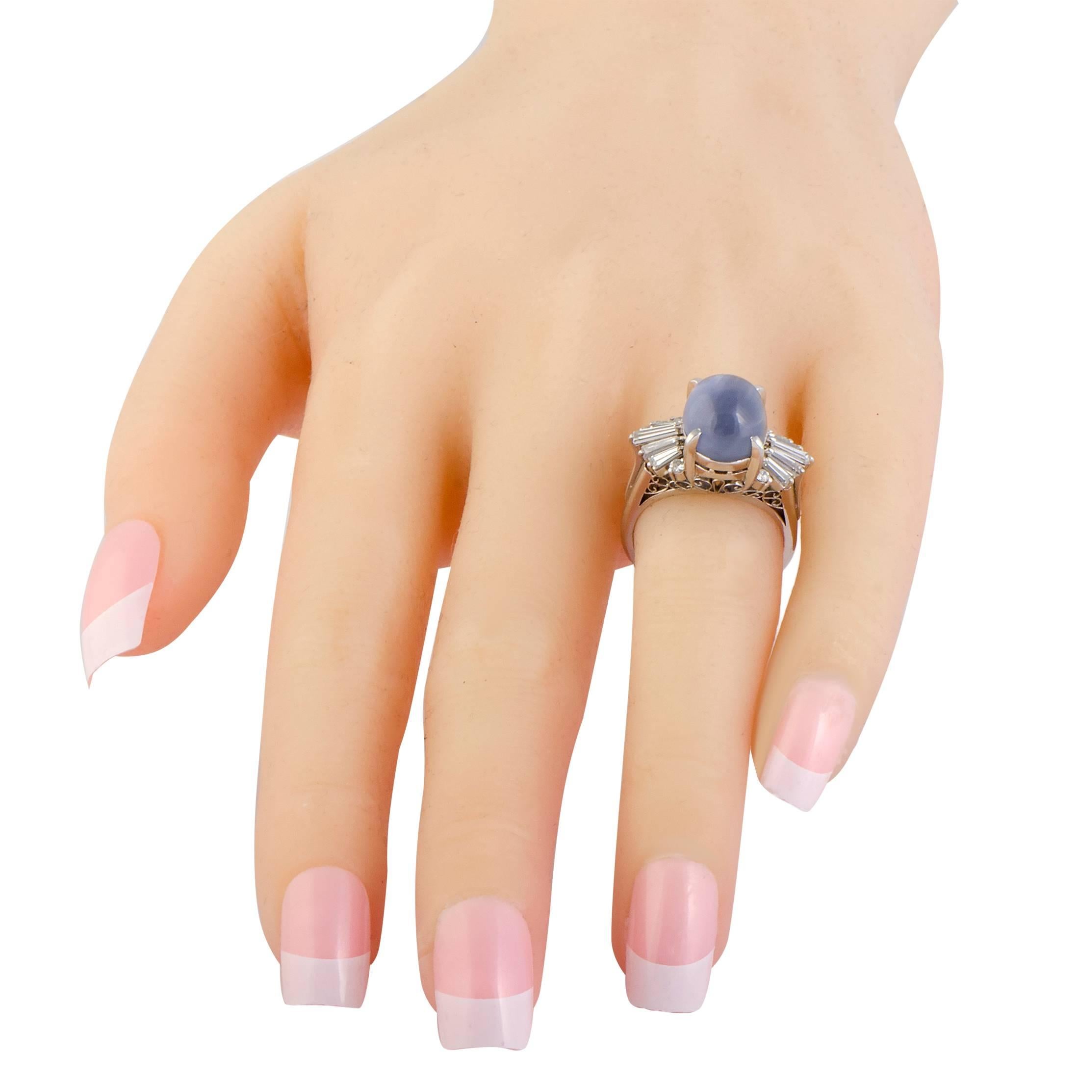 Women's Tapered Diamond Baguette and Cabochon Sapphire Platinum Ring