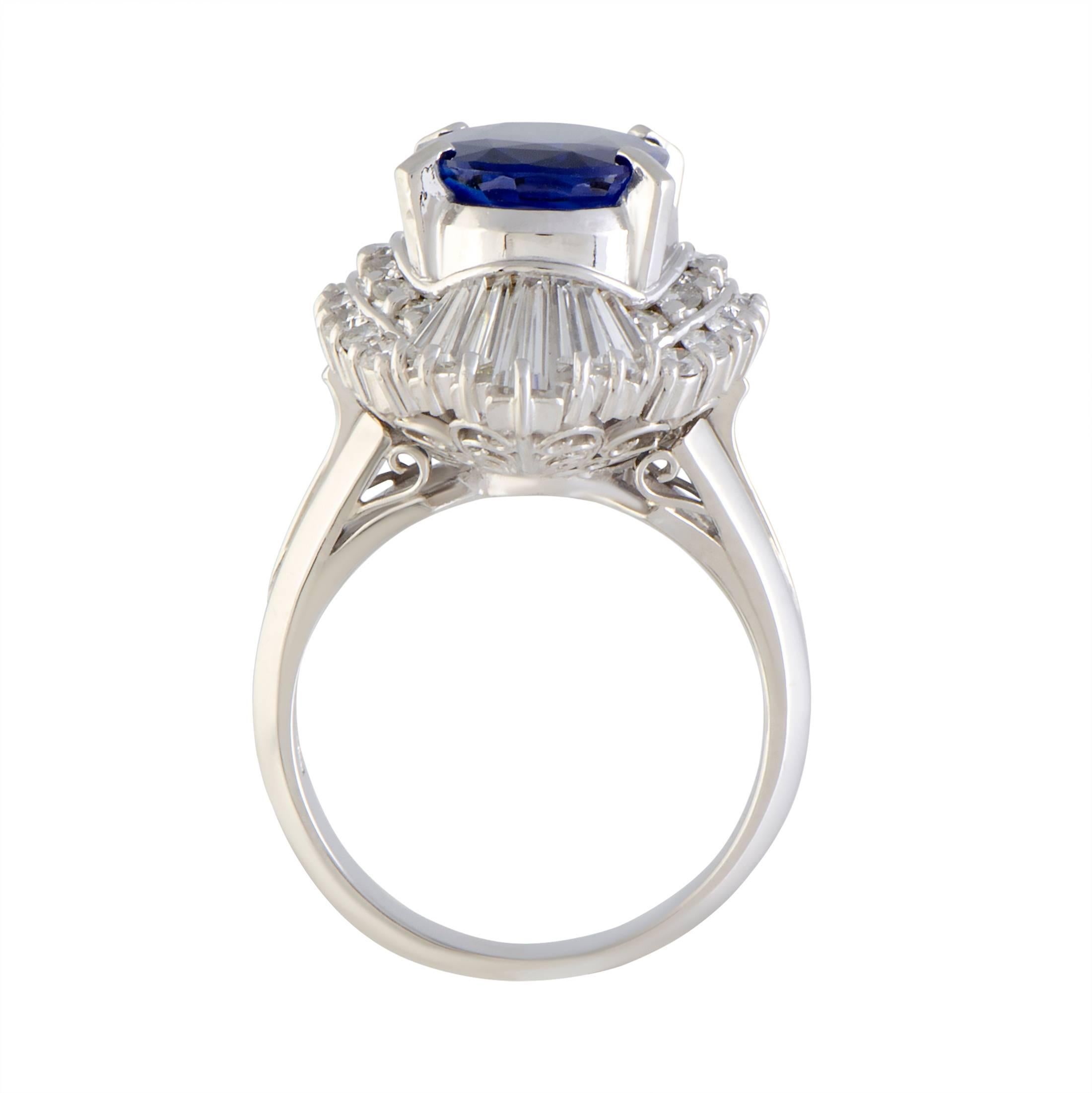 The enchanting sapphire and the resplendent diamonds create an irresistibly extravagant effect in this splendid platinum ring. The sapphire weighs 3.85 carats and the diamonds total 1.72 carats.
Ring Size: 6.25
Ring Top Dimensions: 25mm x 15mm
Band