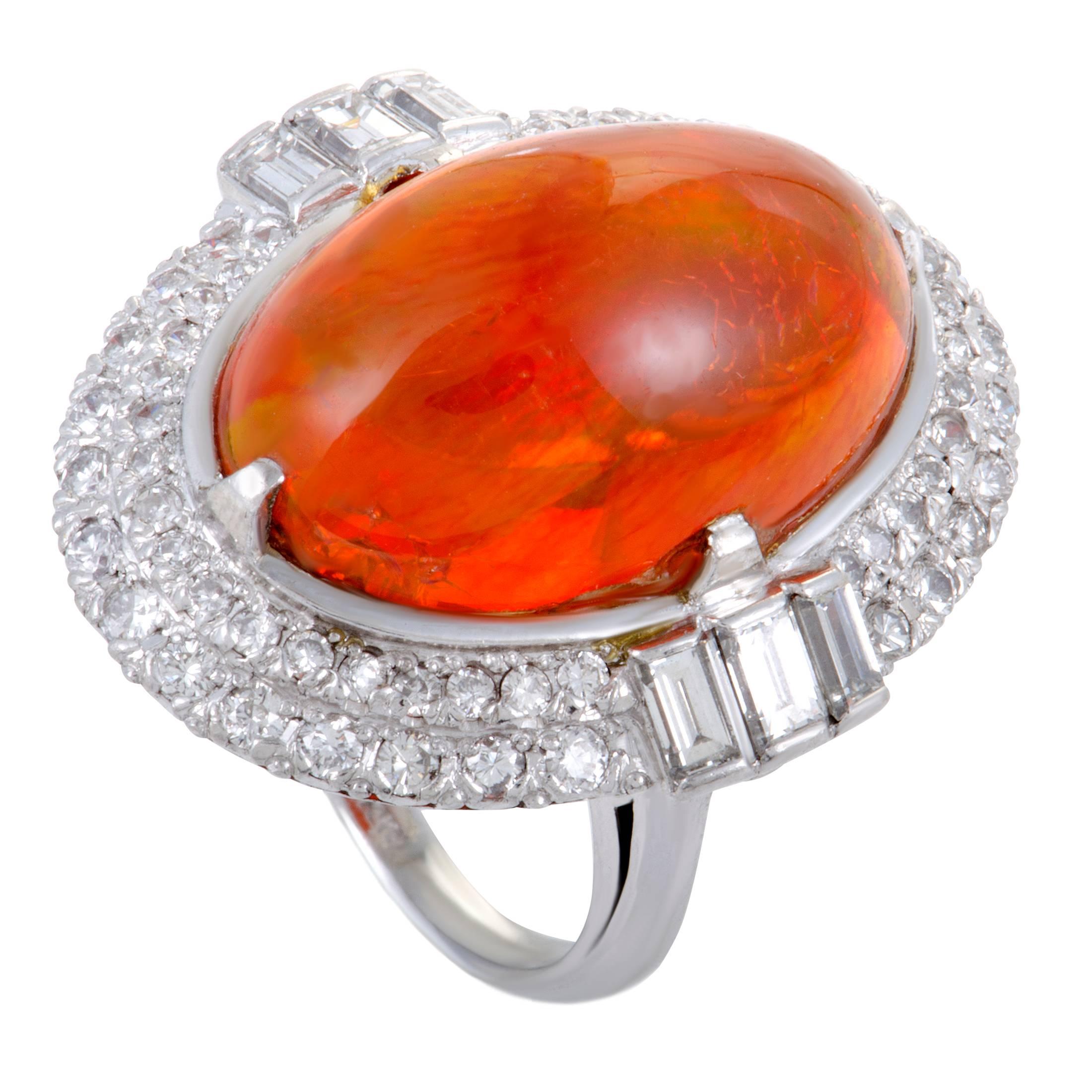Diamond and Fire Opal Platinum Cocktail Ring