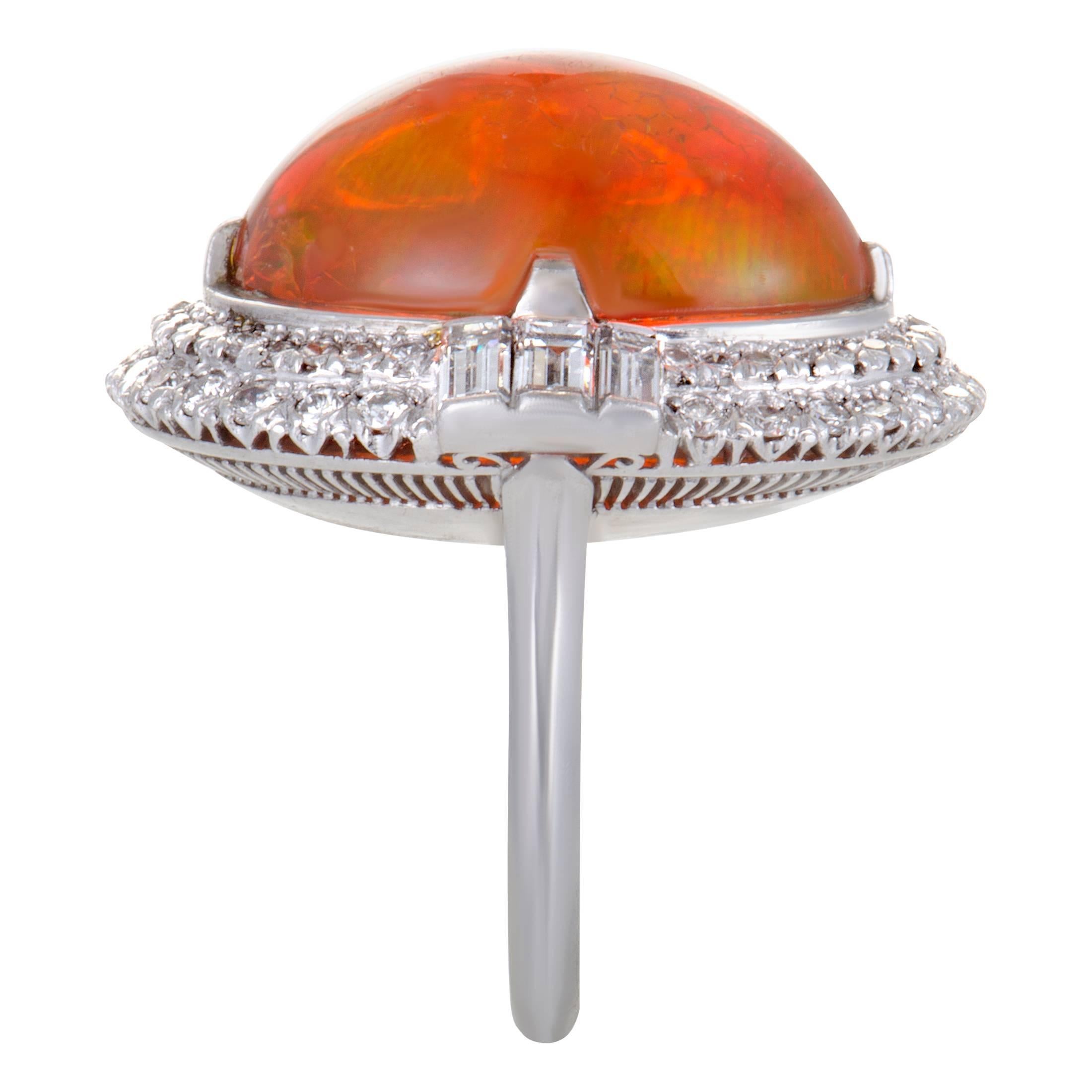 Diamond and Fire Opal Platinum Cocktail Ring In Excellent Condition In Southampton, PA