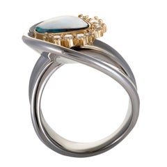 Diamond and Fire Opal Swirled Platinum and Yellow Gold Ring