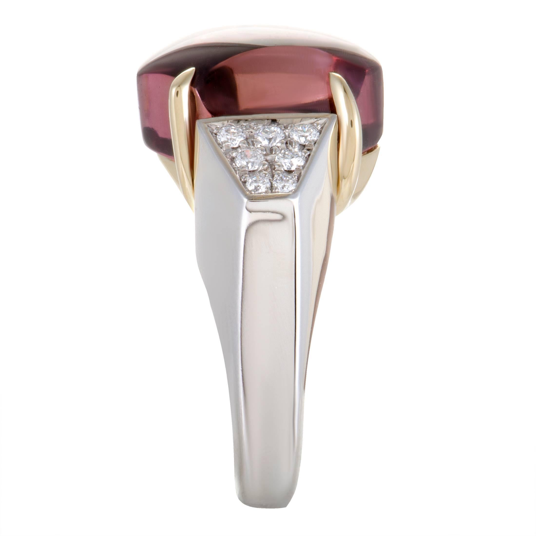 Diamond and Cabochon Pink Tourmaline Platinum and Yellow Gold Ring In Excellent Condition In Southampton, PA