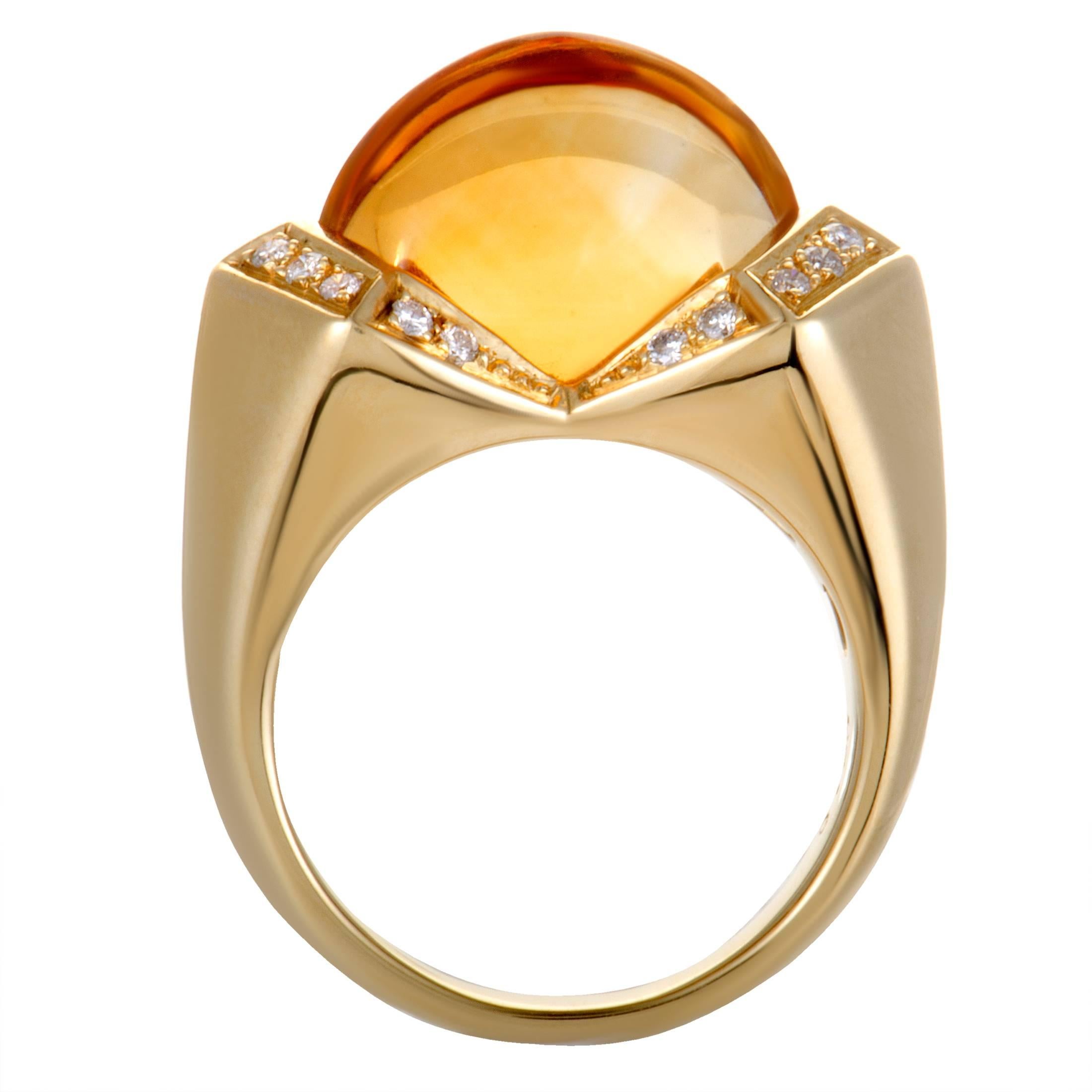 Featuring the ever-alluring combination of warm citrine and radiant 18K yellow gold, this ring offers an endearingly elegant look. The citrine weighs 7.73 carats and it is accentuated by sparkly diamonds that total 0.20 carats.
Ring Size: 6.75
Ring