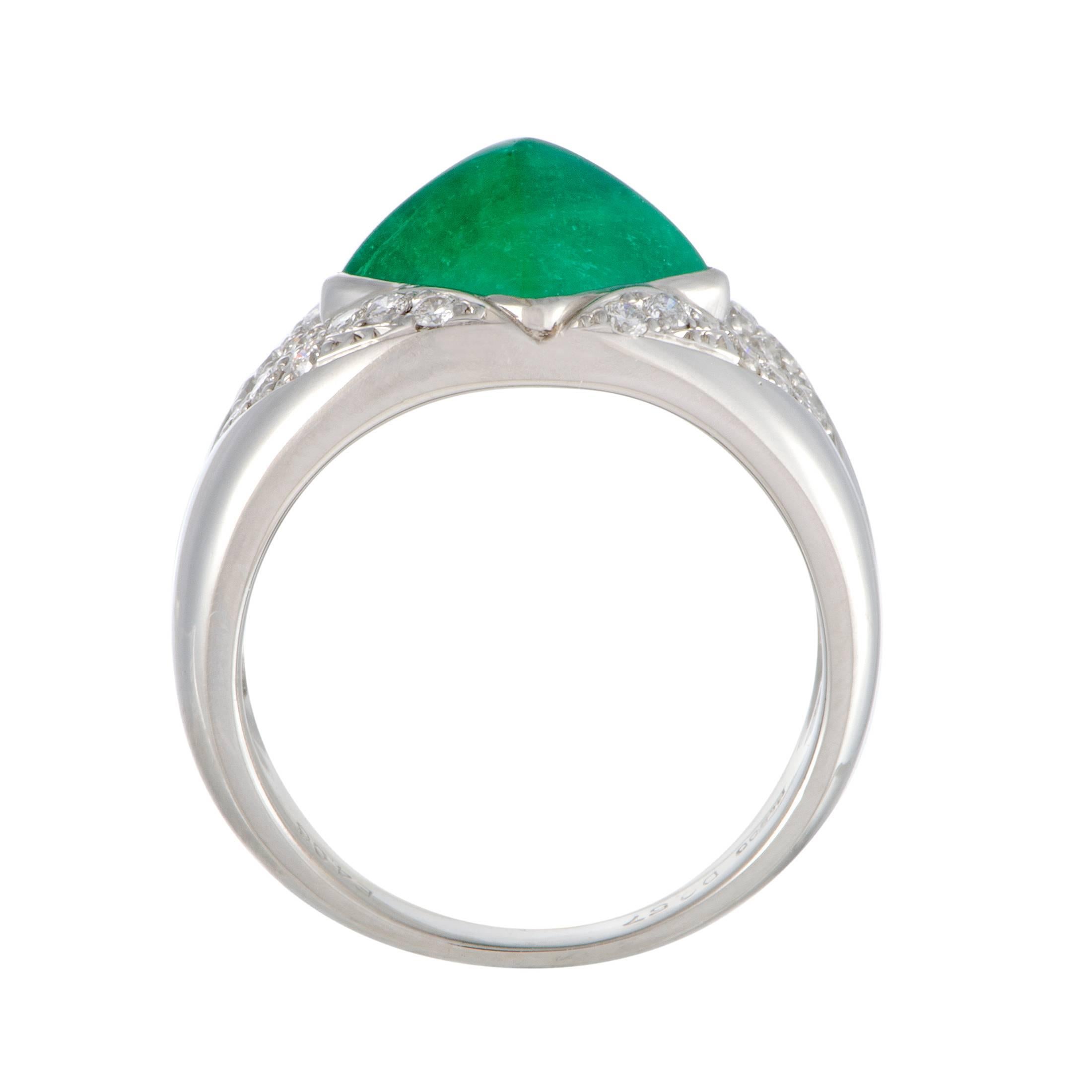The captivating emerald allures with its ever-fascinating regal nuance in this gorgeous ring made of elegant platinum. The emerald weighs 4.06 carats and it is accentuated by scintillating diamond stones that total 0.57 carats.
Ring Size: 8.75
Ring