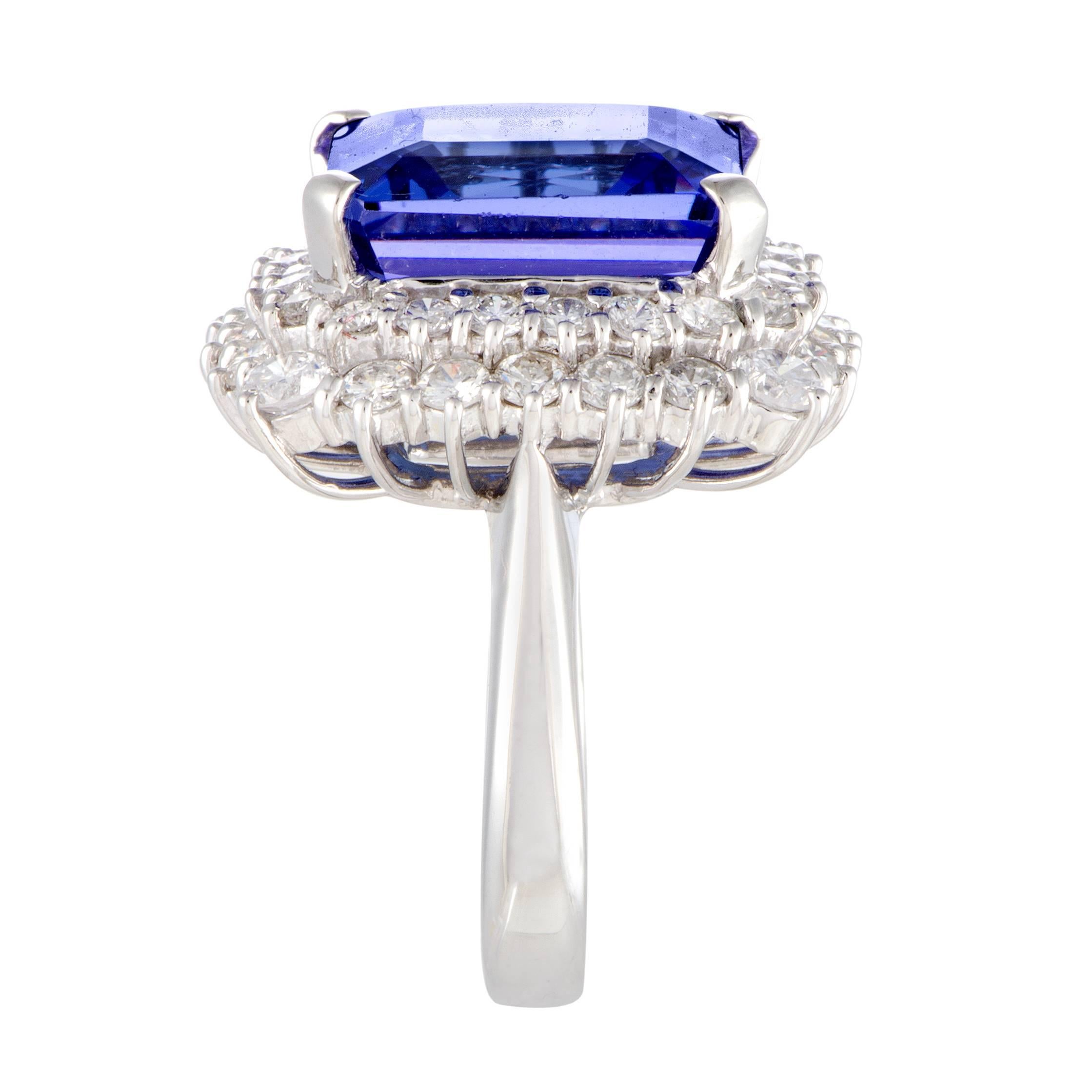 Diamond Pave and Rectangular Tanzanite Platinum Ring In Excellent Condition In Southampton, PA