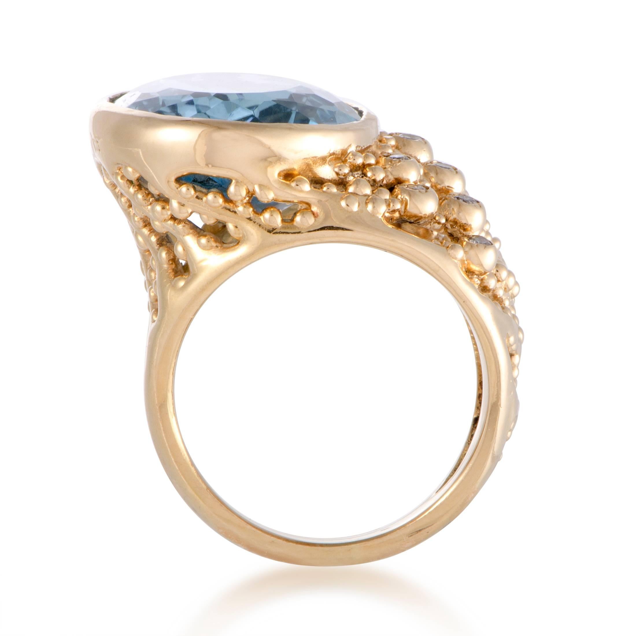 Intricate design is presented splendidly in this ring made of radiant 18K yellow gold that features exquisite craftsmanship and compelling décor. The ring boasts a total of 0.11 carats of diamonds that accentuate the stunning topaz weighing 20.07