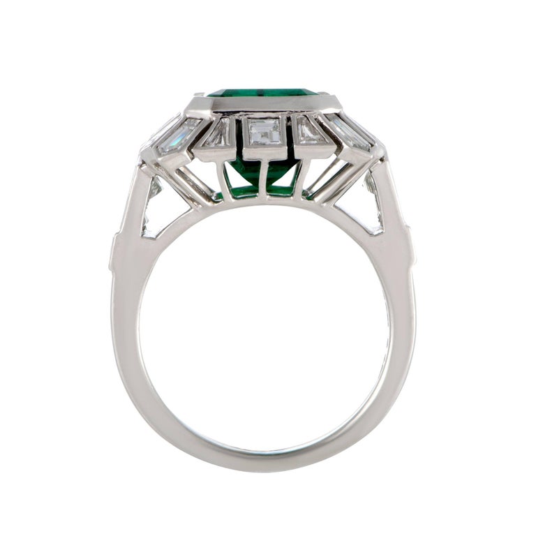 Tapered Diamond Baguette and Emerald Platinum Ring at 1stDibs