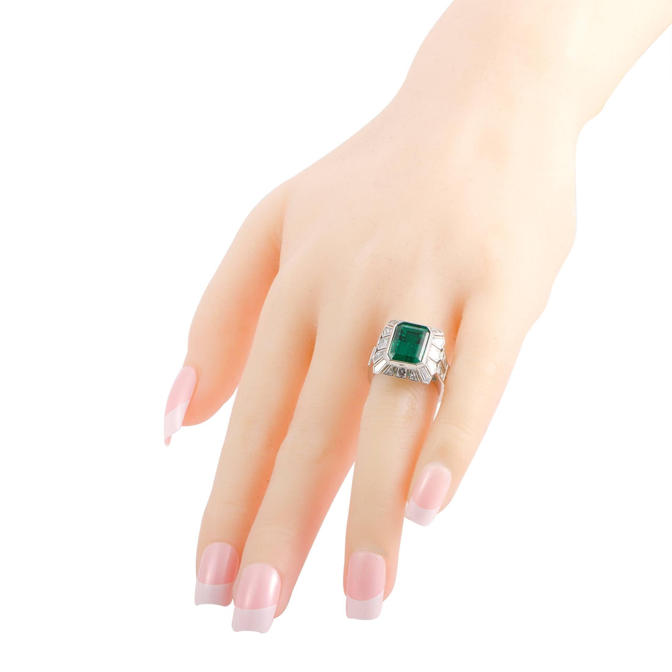 Women's Tapered Diamond Baguette and Emerald Platinum Ring