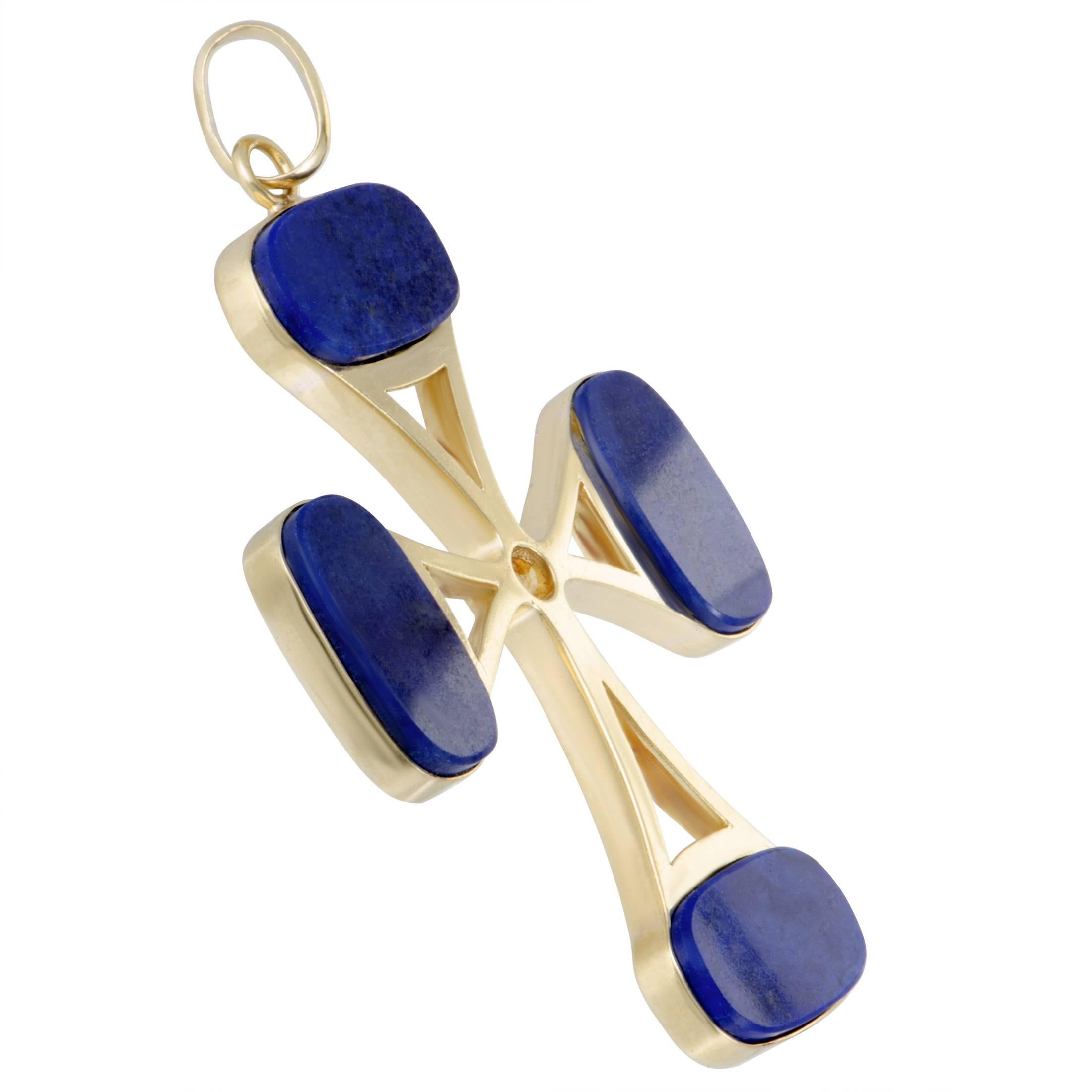 Captivating aesthetics and powerful symbolism are combined in this cross pendant into creating a piece of stunning visual appeal. The pendant is made of radiant 18K yellow gold and features four eye-catching lapis lazuli stones.