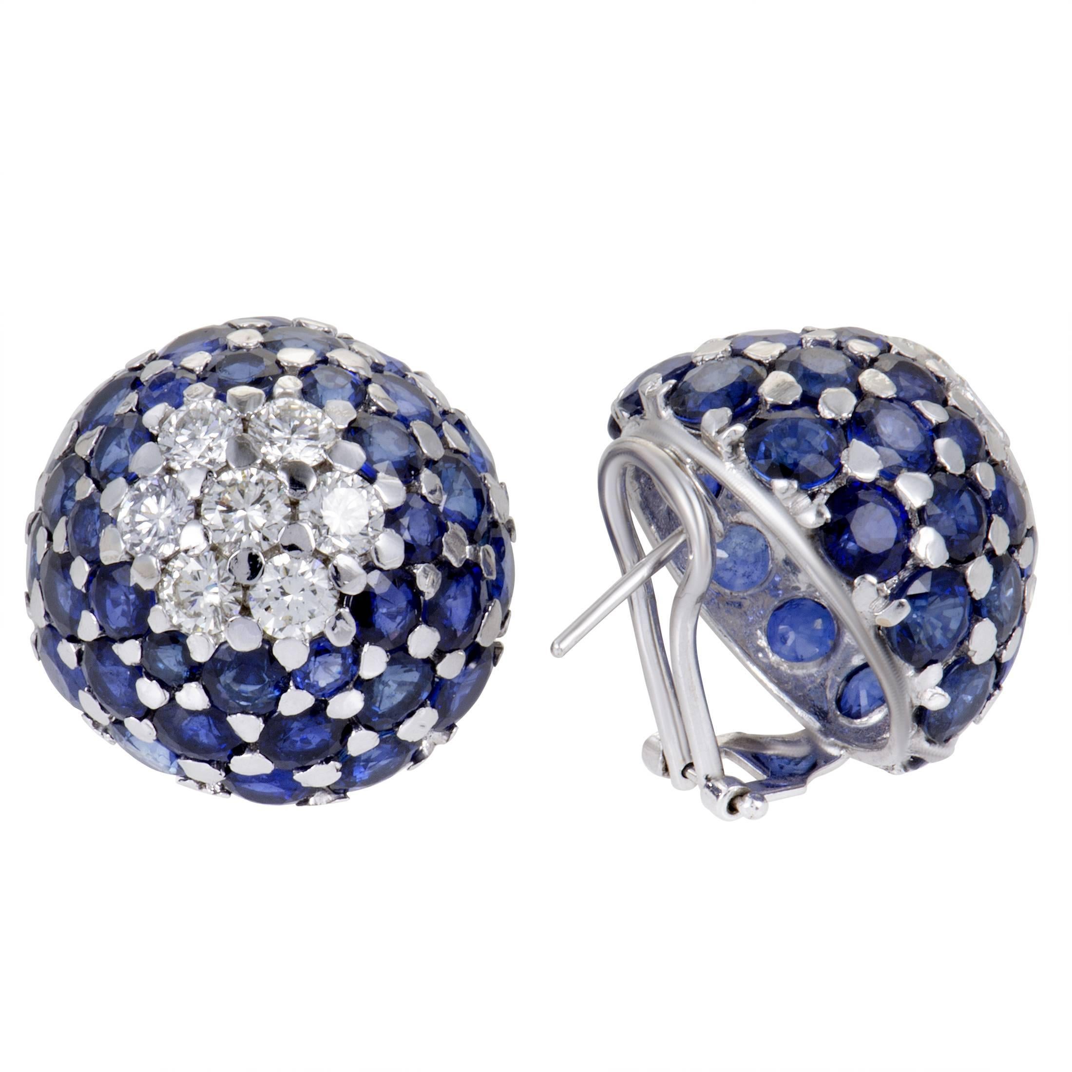 Round Cut Diamond and Sapphire Pave White Gold Huggie Dome Earrings