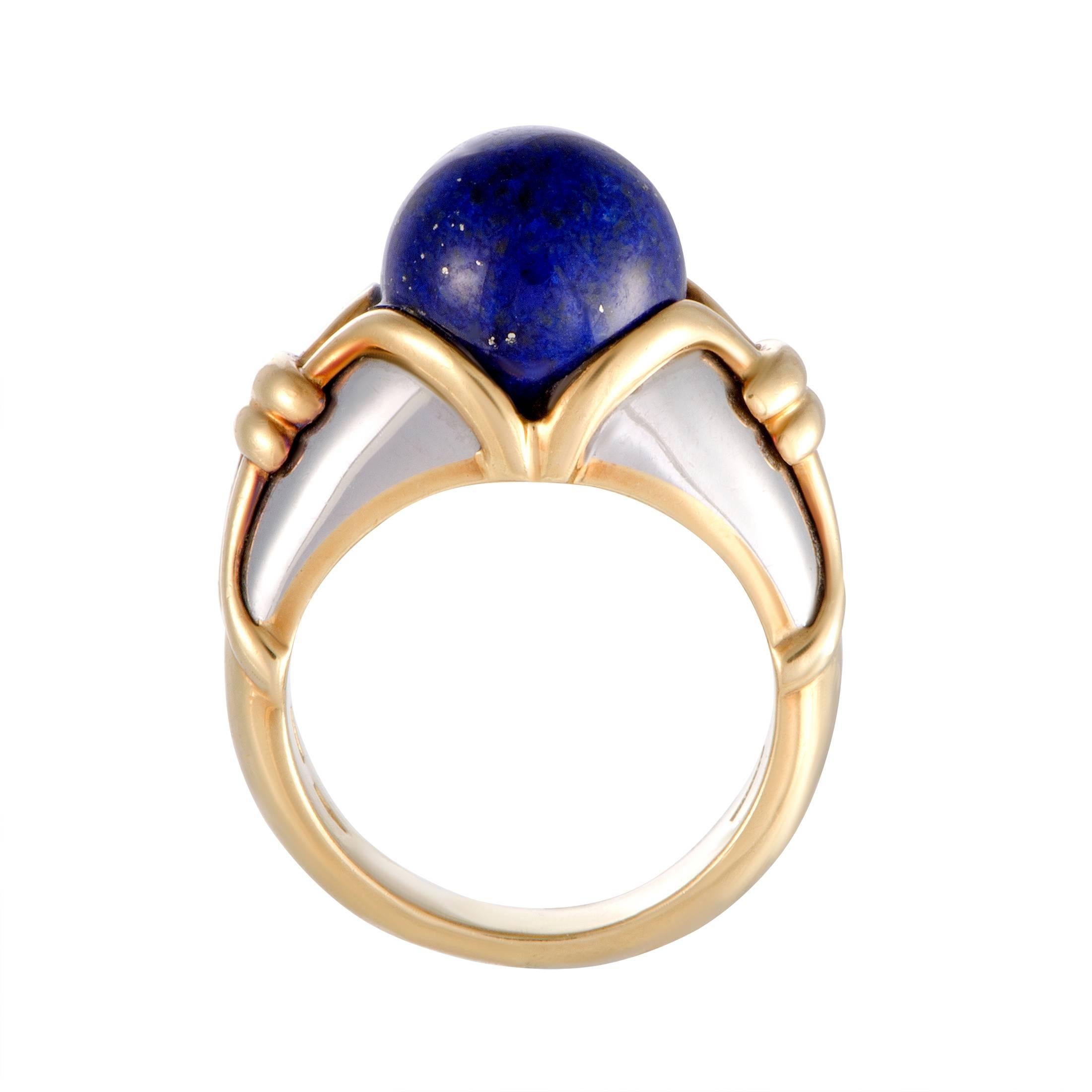 Combining 18K yellow and white gold with captivating lapis lazuli, this extraordinary ring boasts an incredibly eye-catching, fashionable appeal. The ring is a Bulgari design and weighs 10.3 grams.
Included Items: Manufacturer's Box
Ring Size: