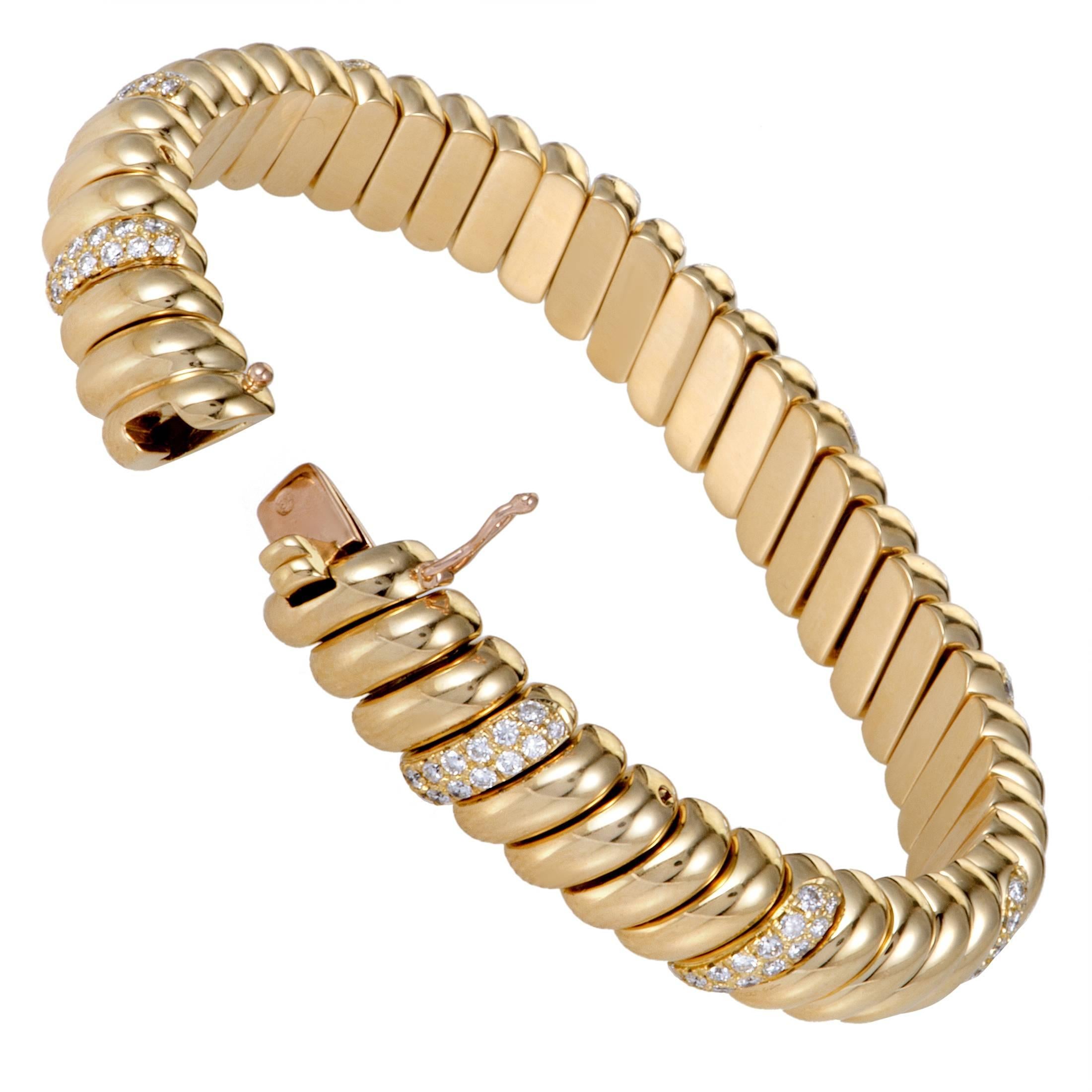 Cartier Diamond Pave Yellow Gold Ribbed Bracelet In Excellent Condition In Southampton, PA