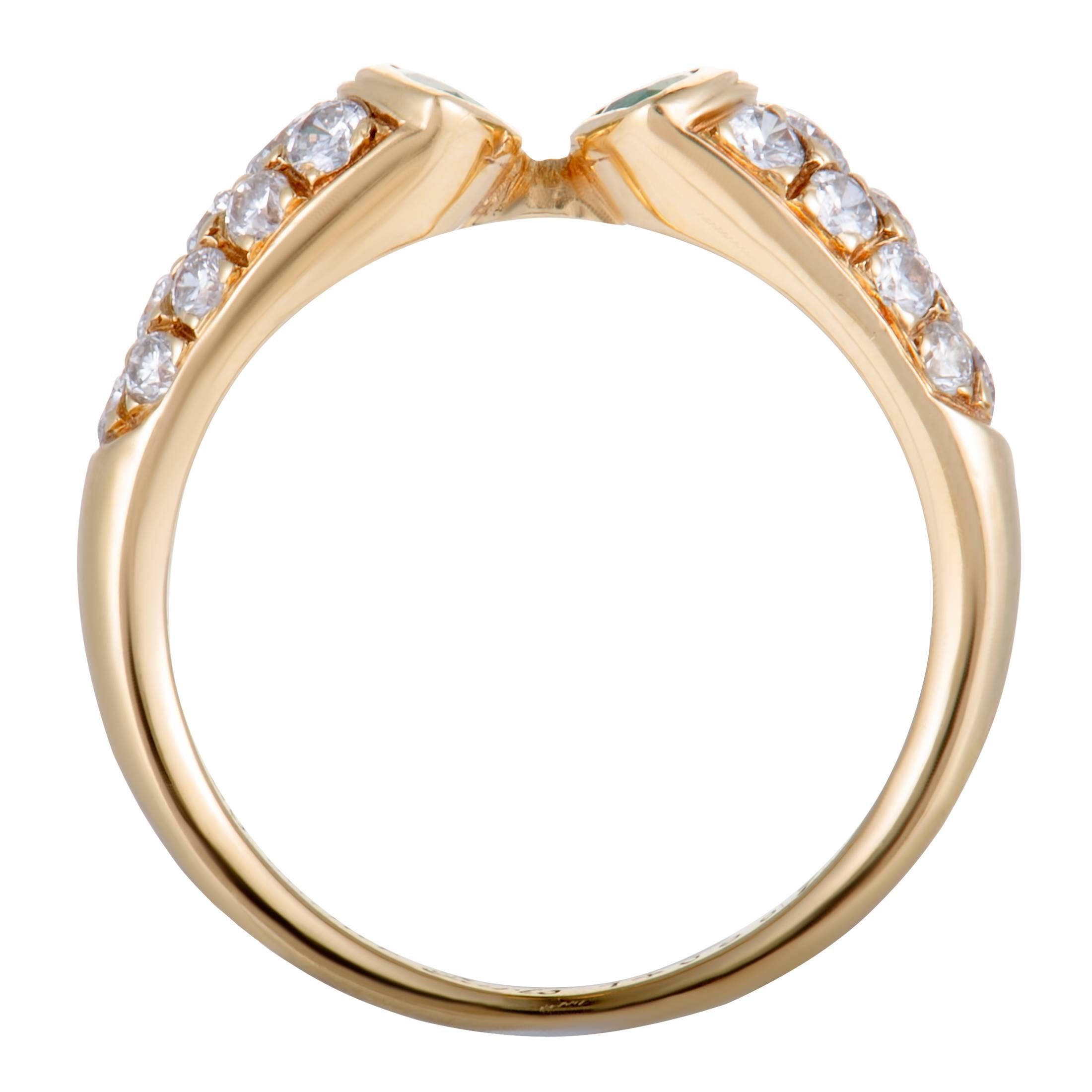 Add a nifty touch of opulence to your look with this stunning ring made from 18K yellow gold that endears with its refined design and lavish décor. Presented by Cartier, the ring is embellished with 0.50 carats of emeralds and approximately 0.60