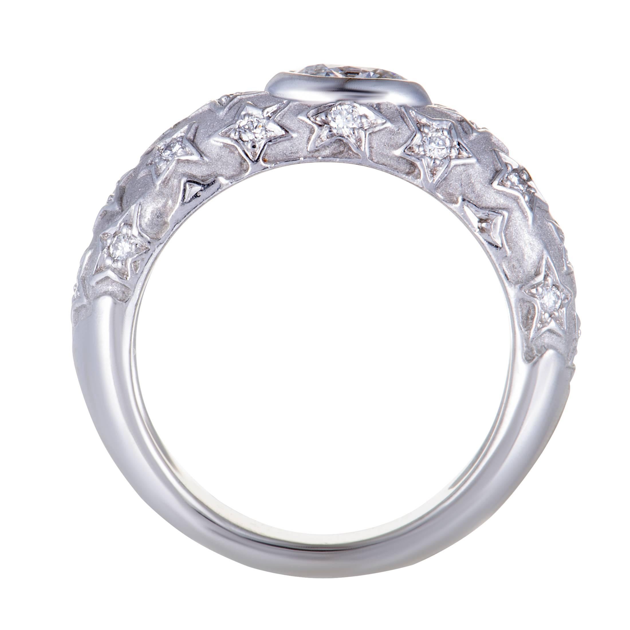 Offering a look of absolute prestige and elegance that Chanel pieces are renowned for, this gorgeous ring will splendidly accentuate your attire. Made of classy 18K white gold, the ring is set with resplendent diamond stones that weigh in total