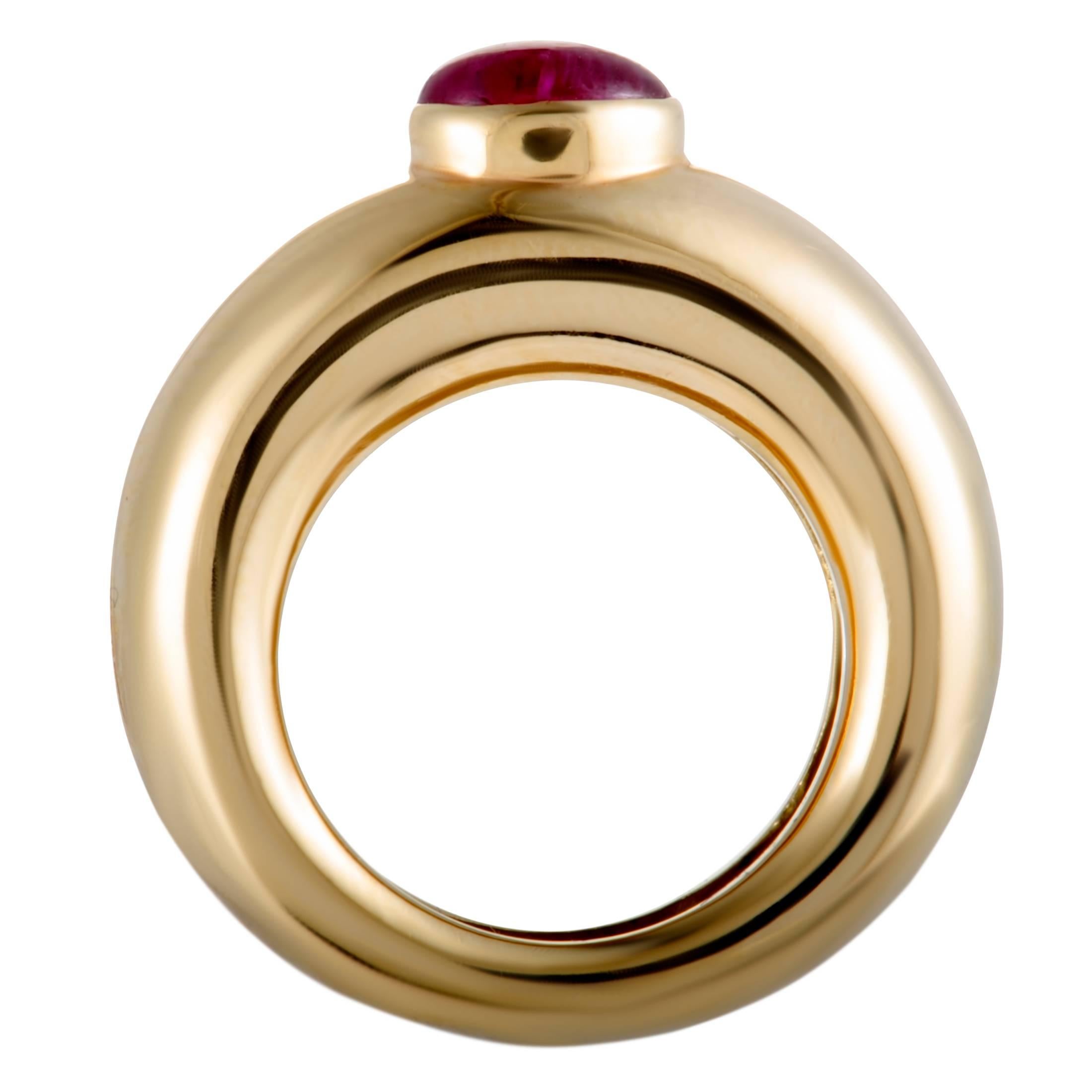 The eye-catching combination of radiant 18K yellow gold and captivating ruby is tempered by the wonderfully understated design in this sublime ring from Chaumet.
Included Items: Manufacturer's Box
Ring Size: 4.5
Band Thickness: 7mm
Ring Top Height: