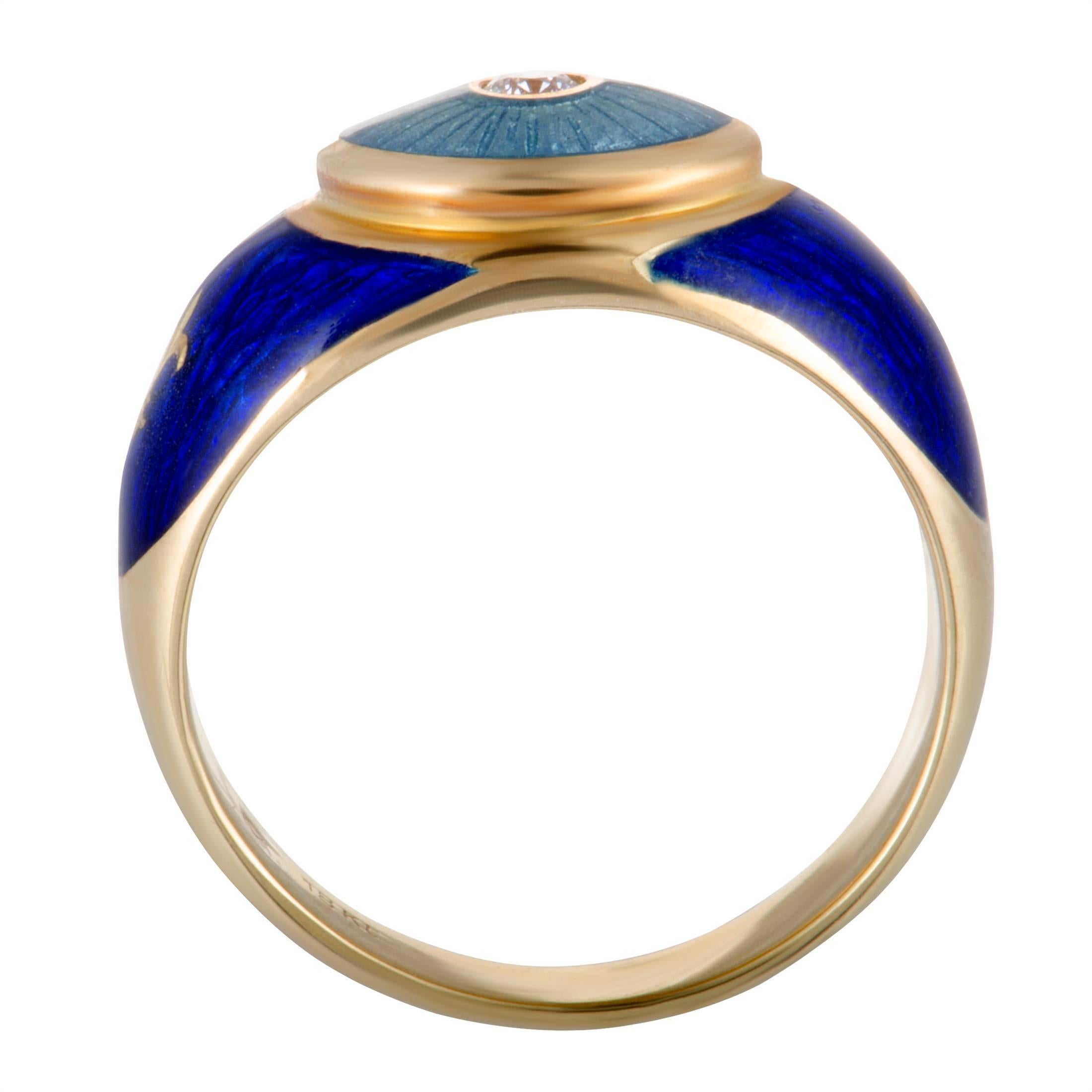 Fabergé stuns yet again with an incredibly luxurious-looking piece with this magnificent ring made of classy 18K yellow gold. The ring is decorated with captivating enamel and a gorgeous diamond stone.
Ring Size: 6.75
Ring Top Dimensions: 20mm x
