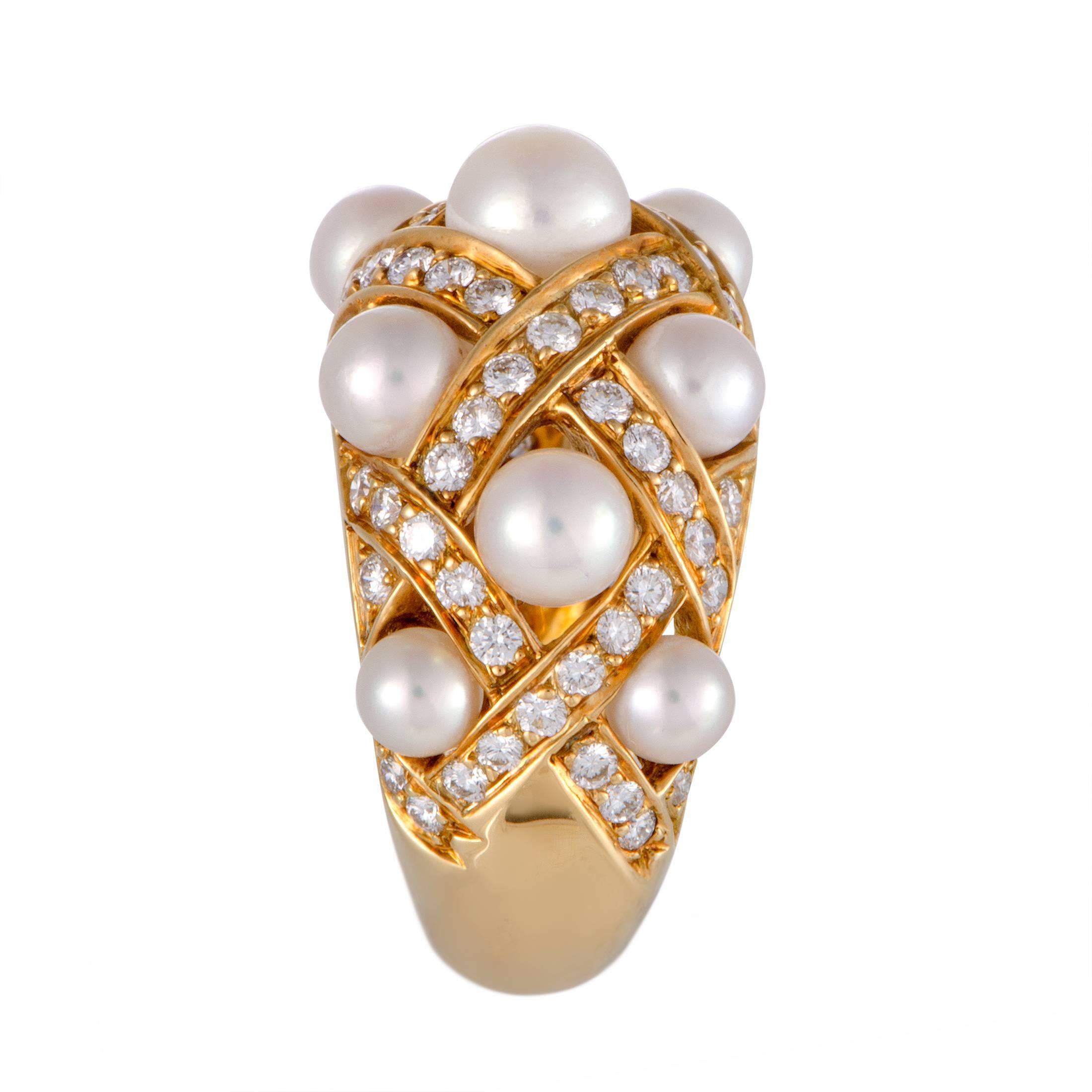 Chanel Baroque Matellase Diamond and Pearl Yellow Gold Band Ring In Excellent Condition In Southampton, PA