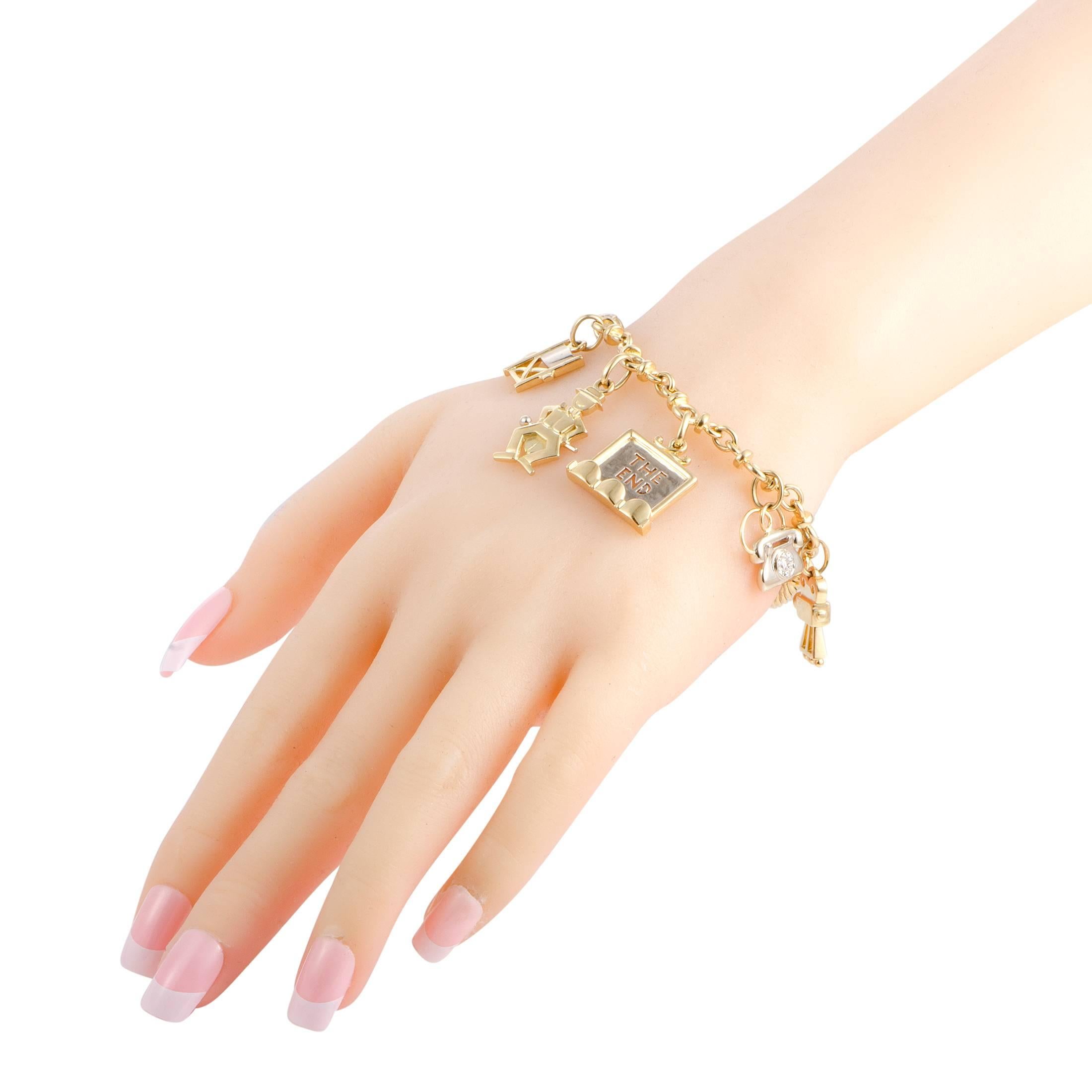 Designed in the brand’s distinctive style with spotless precious materials, adorable charms and slightly offbeat motifs, this remarkable bracelet from Pomellato is made of gleaming 18K yellow gold with dashes of splendid 18K white gold and lustrous