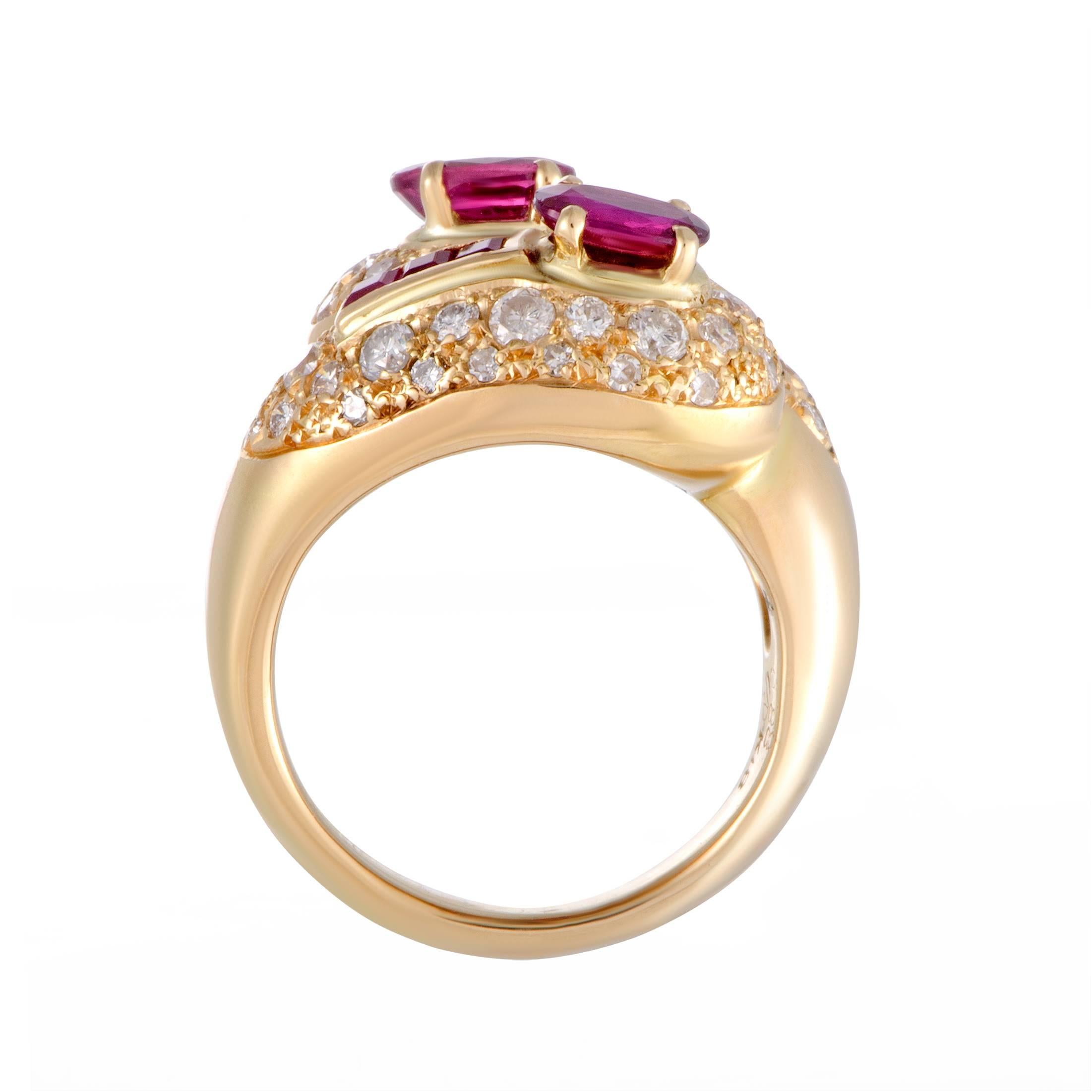 The essence of prestigious extravagance is embodied in this magnificent ring that features compelling design and opulent décor. The ring is made of 18K yellow gold and embellished with 0.88 carats of diamonds and 1.50 carats of rubies.
Ring Size: